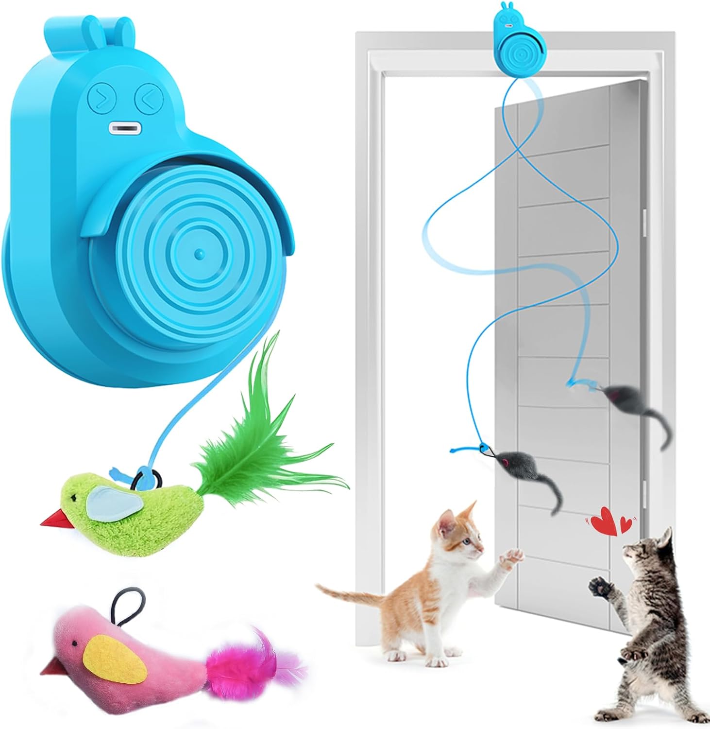 Interactive Cat Toys for Indoor Cats - Automatic Flying Bird & Mouse Wand Enrichment Toy, Hands-Free or Handheld USB-Rechargeable Safe Play Chase Exercise for Bored Kittens and Adult Cats Blue