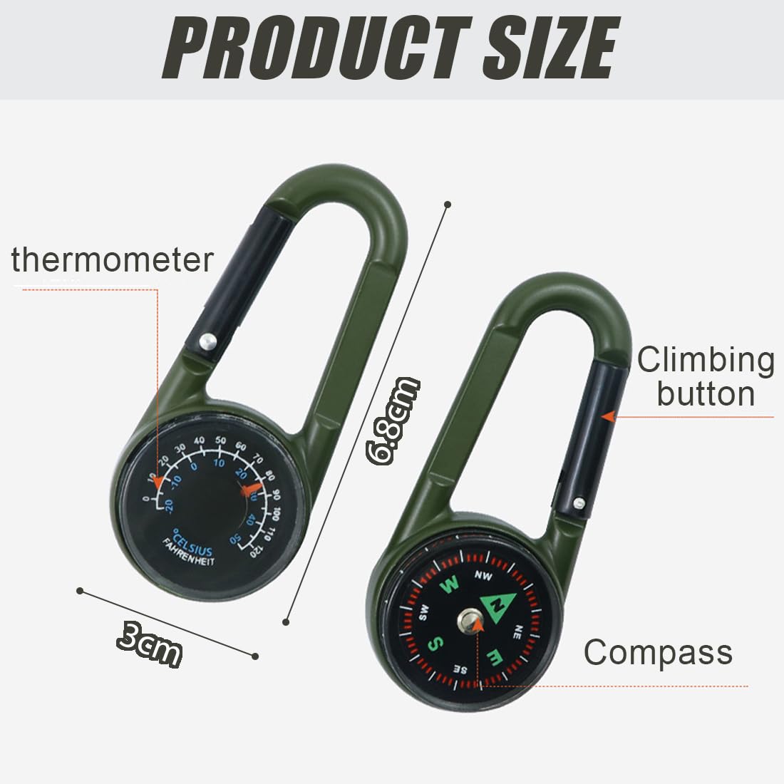 Boussole Thermomètre 3 En 1 Mousqueton Tactique Porte-Clés Pour Camping, Randonnée, Voyage