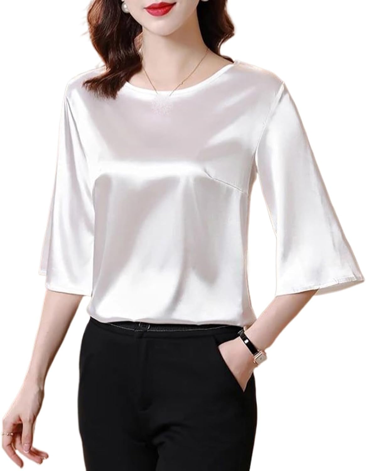 Women's Summer Loose Satin Shirt Vintage Split Sleeve O-Neck Blouse Simple Casual Top Elegant Clothing