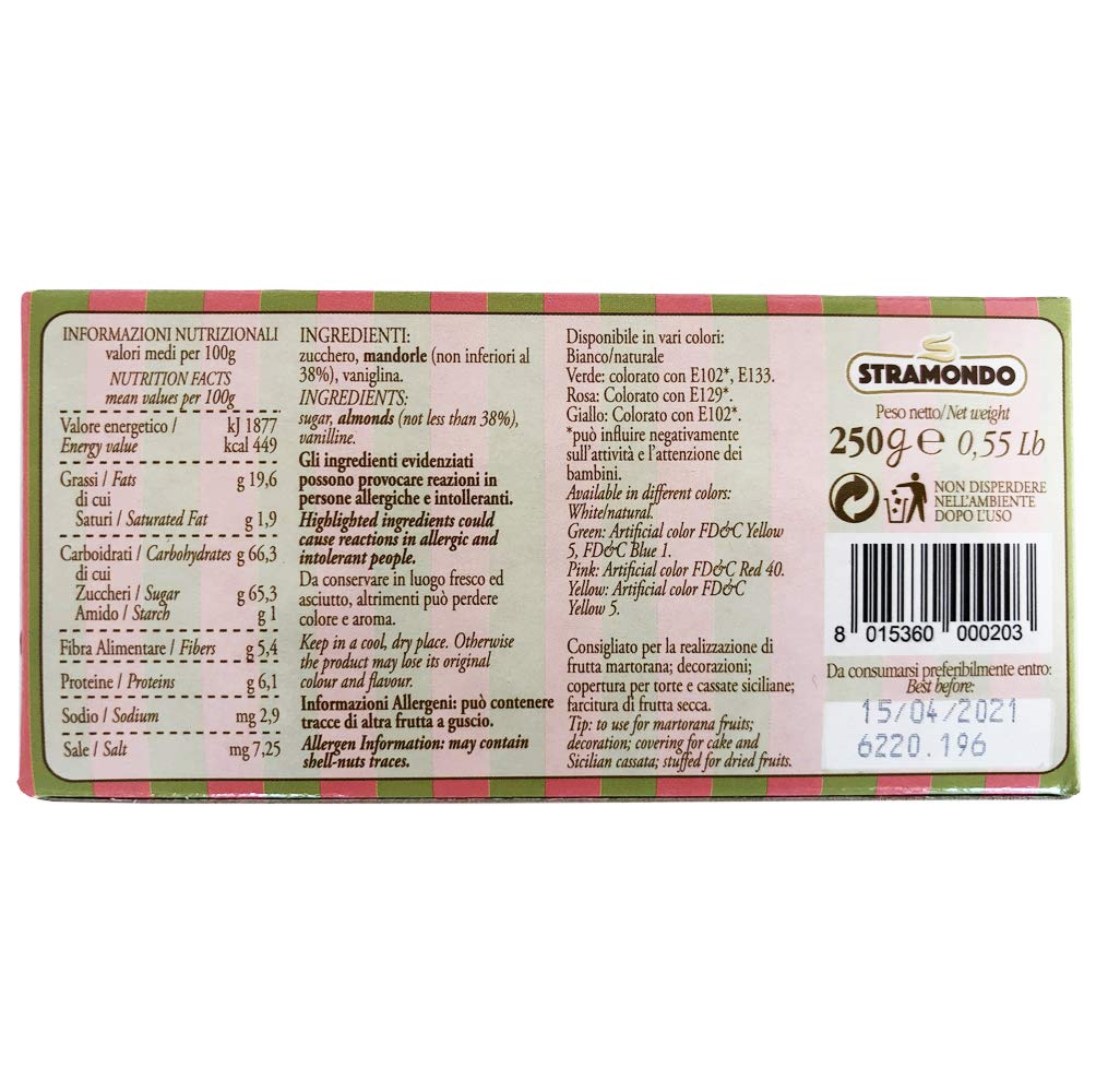 STRAMONDO Mazapán verde 250gr, pasta de almendras blandas, fácil de modelar, adecuado para la realización de frutas de martorana y sujetos de pasta real, Made in Italy, sin gluten