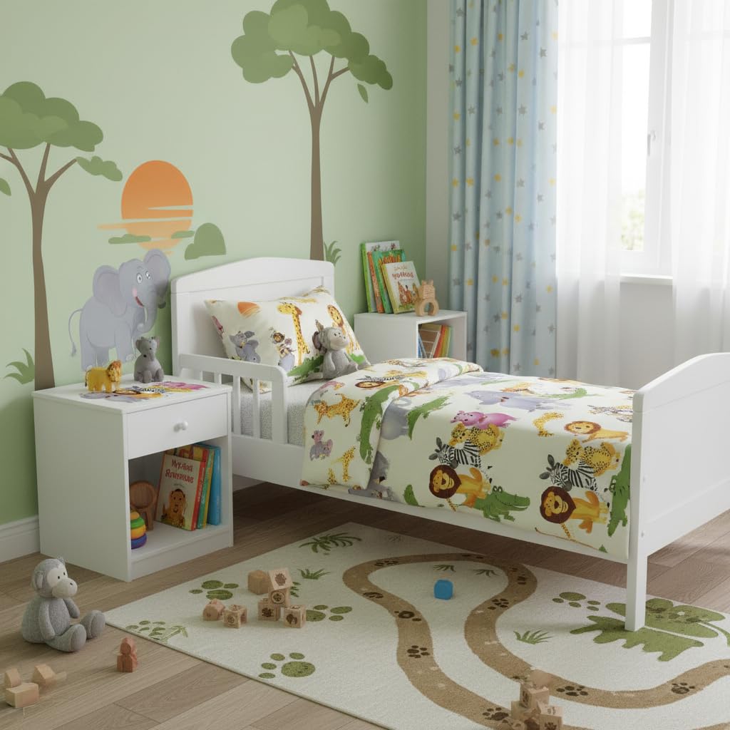 leomark comodino moderno in legno 40cm x 38cm x 42cm (A), con cassetto e scompartimento apertoin, comodino per bambini, mobili per la cameretta dei bambini con stampa colorata Animali