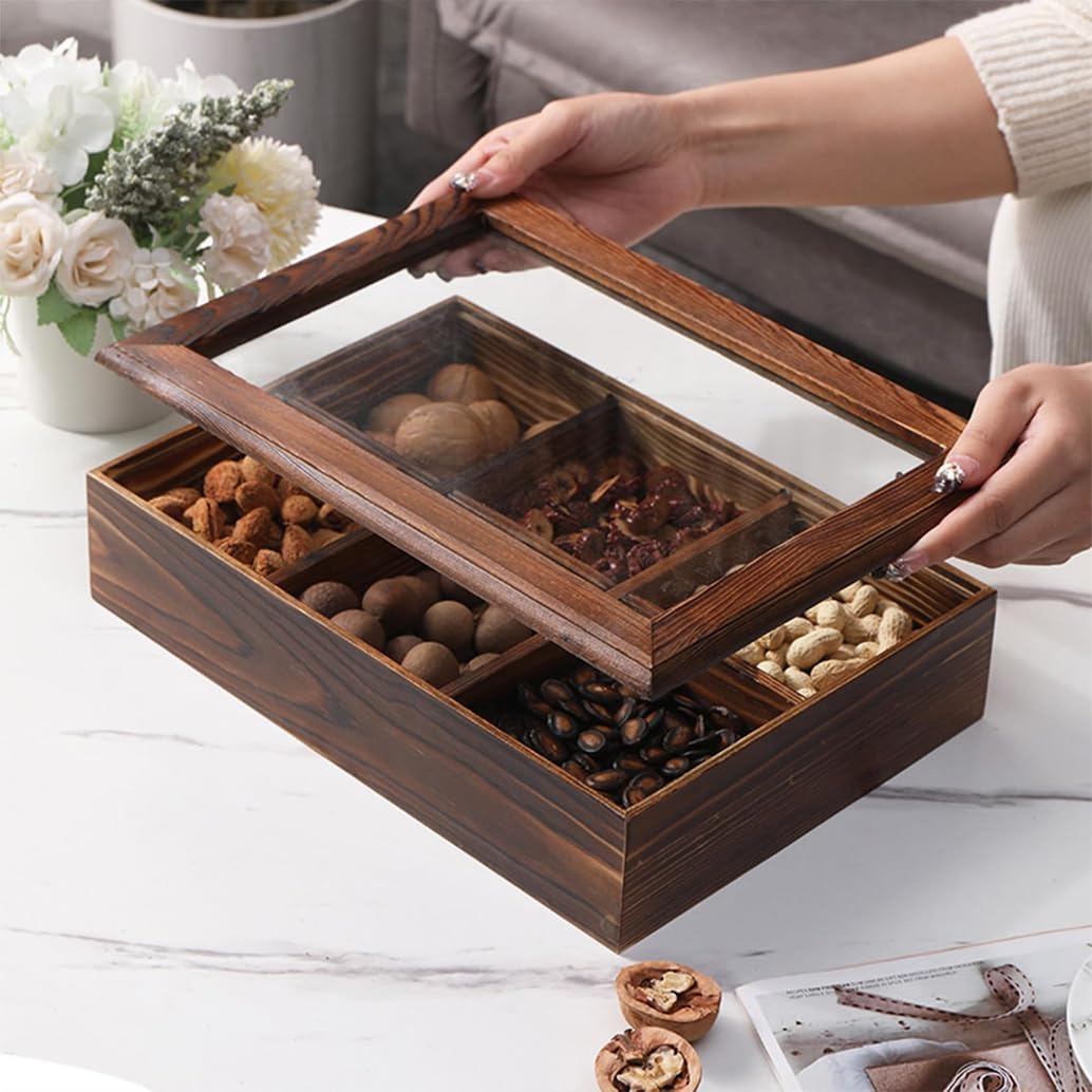Vassoio per Frutta secca in Legno di Noce con Coperchio Trasparente, Vassoio per Cibo con Griglie da Pranzo, Vassoio per Piatti per Dessert, Frutta, Verdura, per Feste, cene in Famiglia 4 (6)
