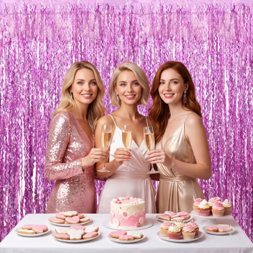 Image of TONIFUL 2Pcs Wavy Pink Metallic Tinsel Foil Fringe Curtain Laser Streamers