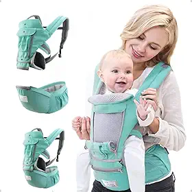 AIEBAO Bolsa Canguru, Ergonômica, 12 Posições, 3 Em 1, 3 Bolsos Externos, Bebês 0 a 36 Meses, Capacidade 0 a 36 quilos, Poliéster Algodão e Isopor, Verde.