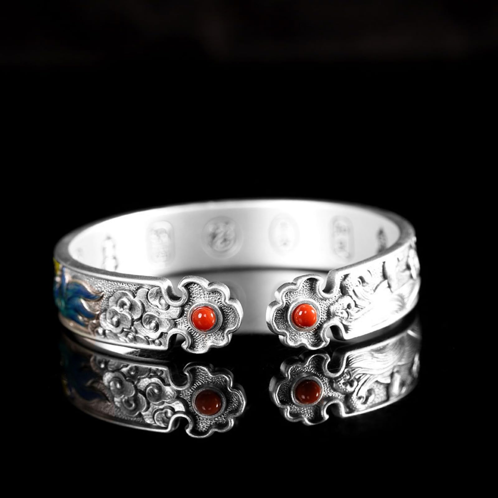 Braccialetti d'argento, braccialetti vintage, Bracciale rigido aperto di buon auspicio in argento sterling 999 da donna, smaltato, artigianato tradizionale, accessorio perfetto for appuntamento, compl