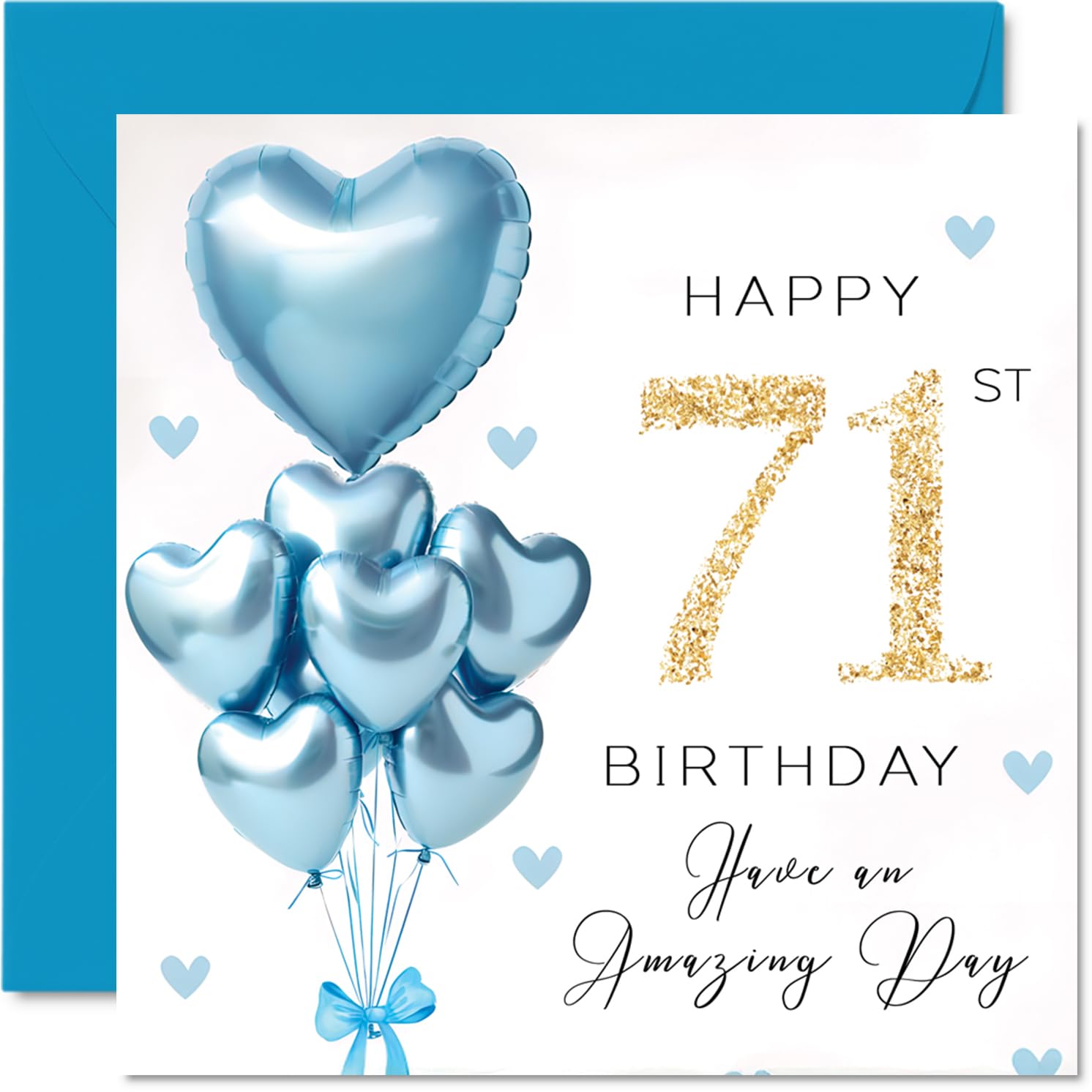 71st Birthday Cards for Men, Blue Glitter Balloons
