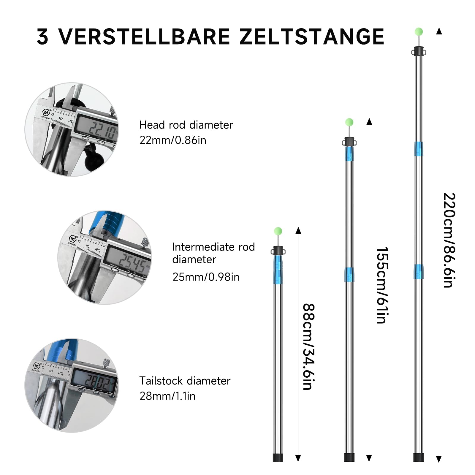 KOMCLUB Teleskop Edelstahl Zeltstangen verstellbar