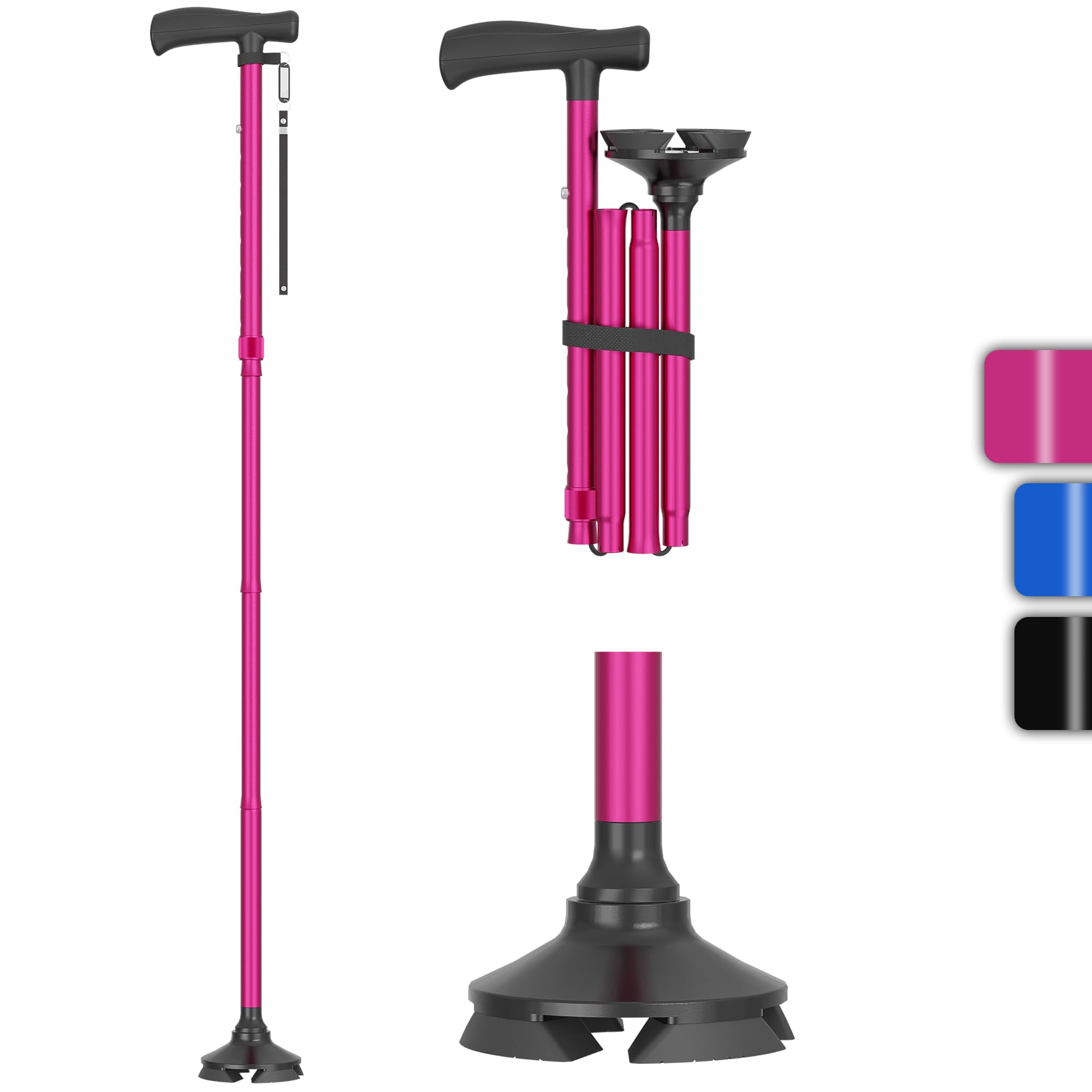 BONTEC Walking Cane - Height Adjustable Free Standing Foldable Canes, Aluminum Alloy Walking Stick with 360° Pivoting Base, Lightweight, Anti-Lost Tag, Canes for Women Men Seniors & Mountaineers