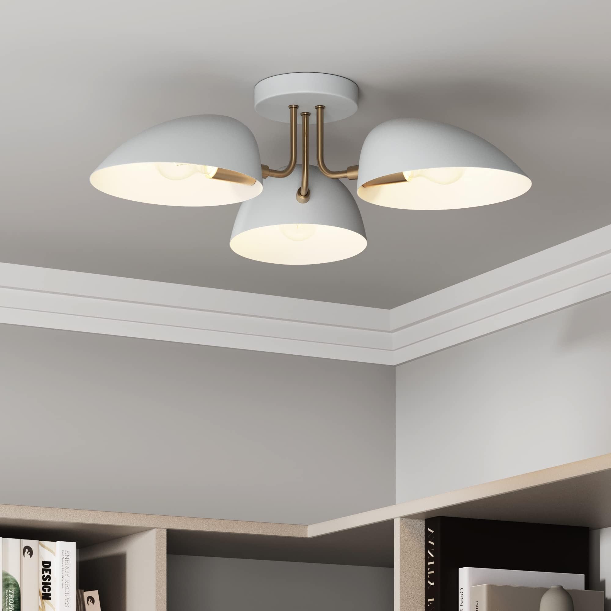 Argo Semi Mount Flush Ceiling Light, 3-Lights Modern Retro Lighting with White Rounded Shades for Hallway, Dining Room and Bedroom, Brass Gold/White