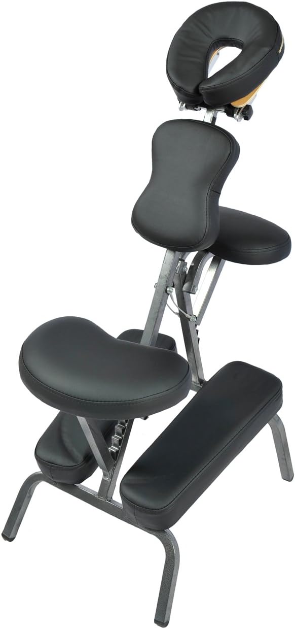 AuWit Premium Portable Massage Chair 2" PU, Adjustable seat, Iron tubes, hand rest and head rest, Carry Case - Black