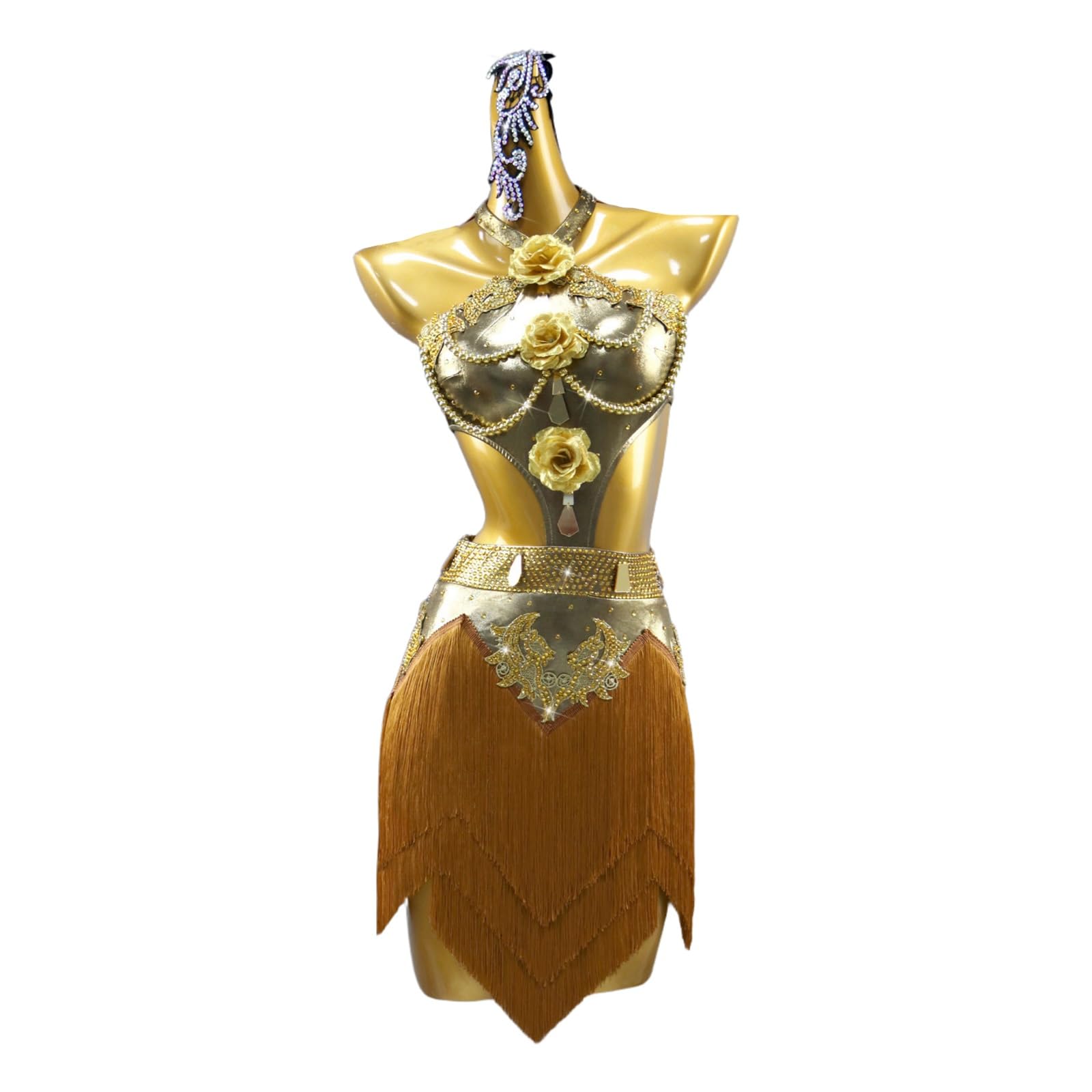 Damska Sukienka Do Tańca Latynoamerykańskiego Z Frędzlami - Kostium Konkursowy Salsa Cha Cha Z Kryształkami I Kwiatowymi Detalami