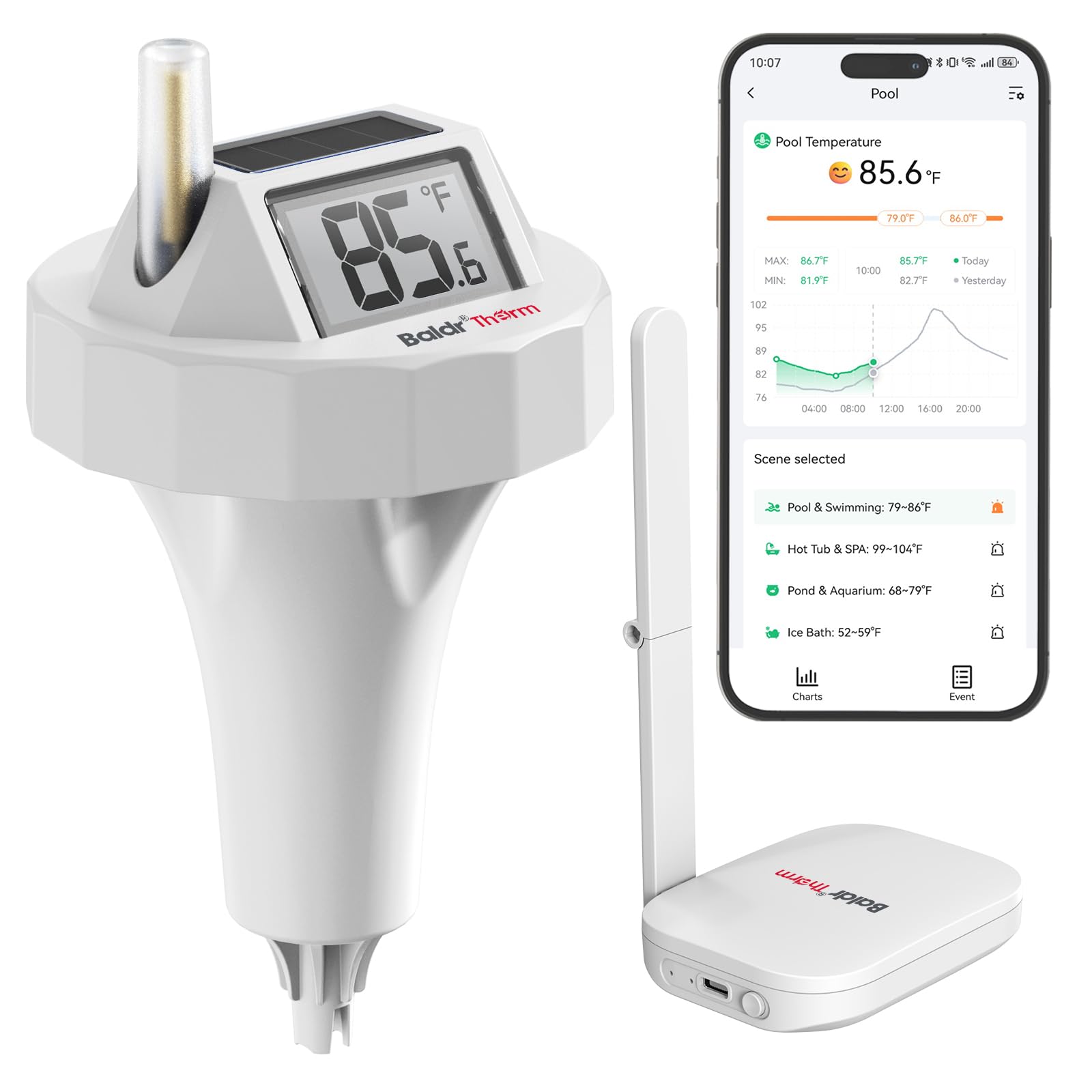 BaldrTherm Termómetro de piscina inteligente Wi-Fi, impermeable IPX8, monitor de temperatura del agua digital flotante con aplicación, fácil lectura y notificaciones de alerta para estanques, jacuzzi