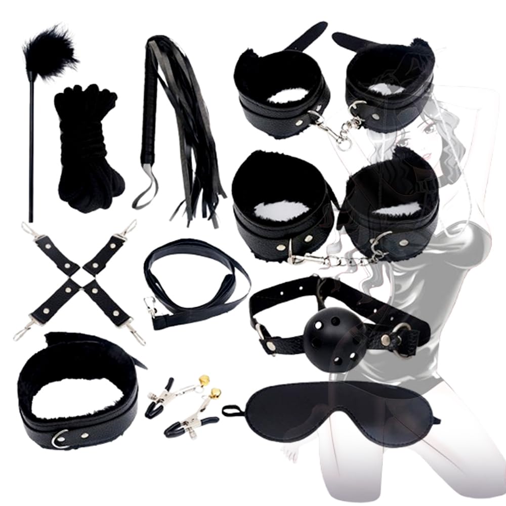 Coppia Prop Set Peluche Bracciale Collare Catena di Traino Frusta di Pelle Giocattolo (Nero)