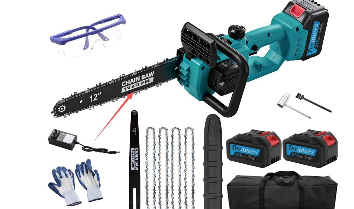 Photo 1 of [MISSING BATTERY CHARGER, LOCK NUTS, AND BAR/CHAIN] [HEAVILY USED] TEEANEES 12" Cordless Chainsaw with 2x4.0Ah Batteries, 1200W High Power Electric Chainsaw with Auto Oiler & 4 Chains, 14m/s Fast Cutting Portable Saw for Tree Pruning & Yard Work?Blue?