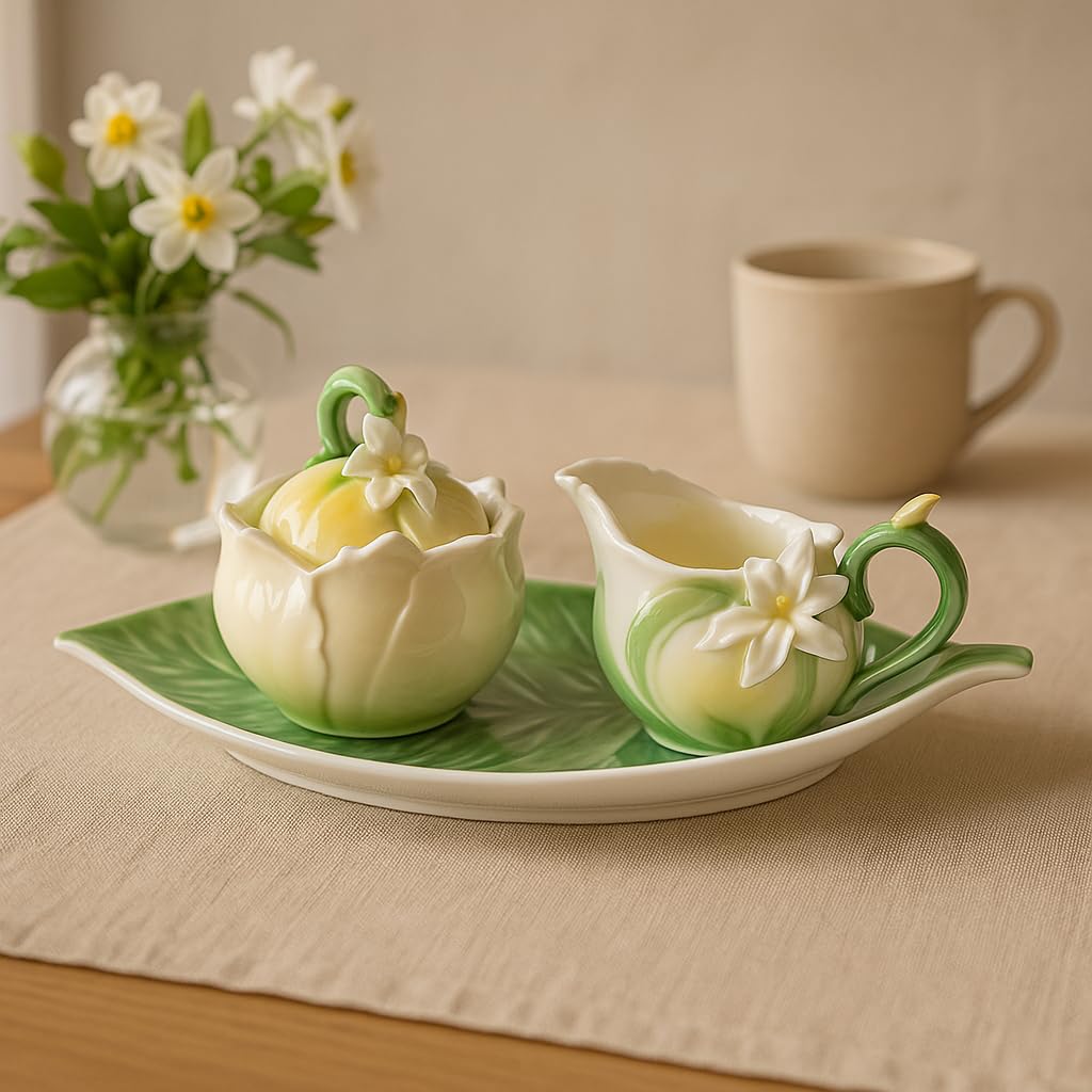 Keyhomestore KEYHOME - Juego de azucarero y lechera de porcelana decorada con flores - Estilo elegante