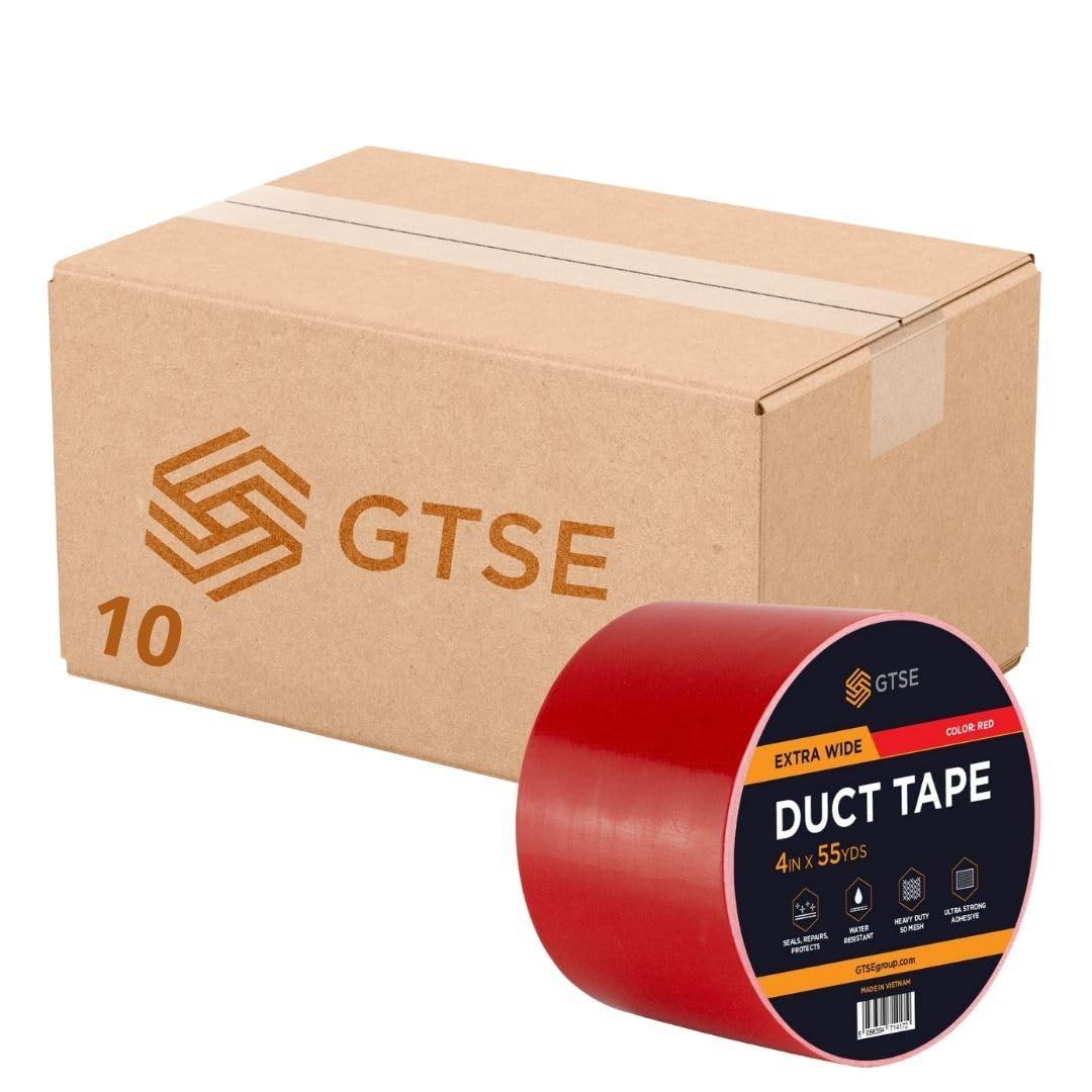 GTSE 10 Rolls 100mm x 50m, Wide Red Duct Tape, 4” Waterproof Strong Adhesive Gaffer Tape for Patching, Sealing, Securing Cables and Labelling, Heavy Duty Tape
