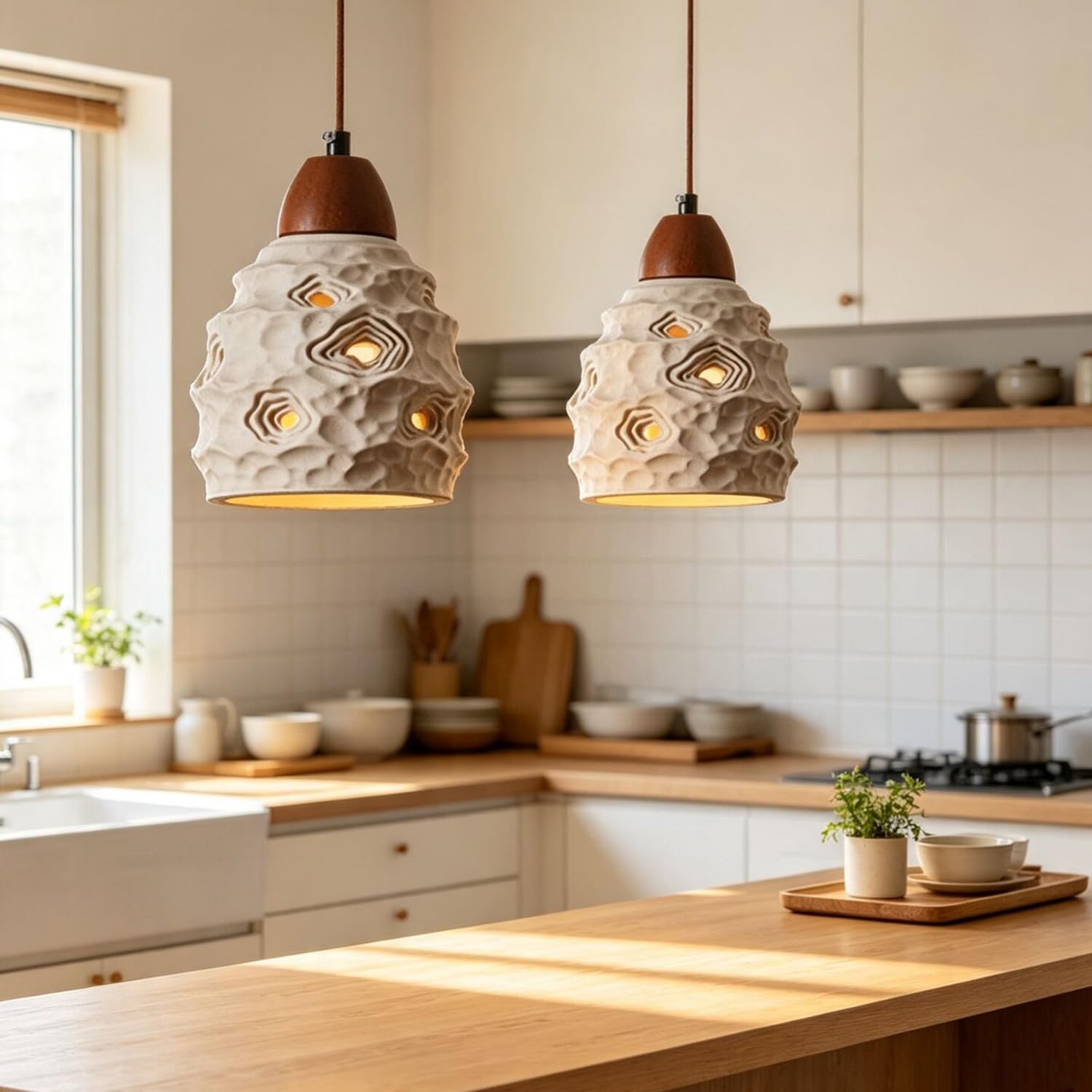 Lampadario creativo in cemento con luci sospese in legno