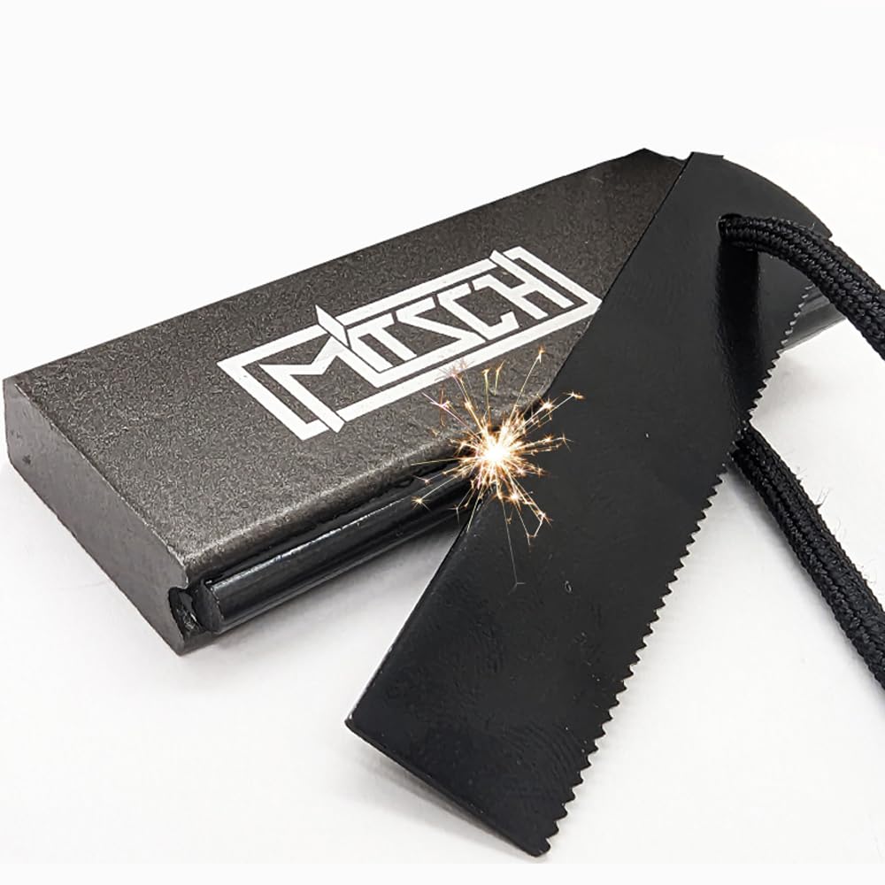 MITSCH Fire Steel with Magnesium Block - Professional Outdoor Fire Starter for Bushcraft, Survival & Camping - Strong Sparks - Emergency Equipment + Scraper & Paracord