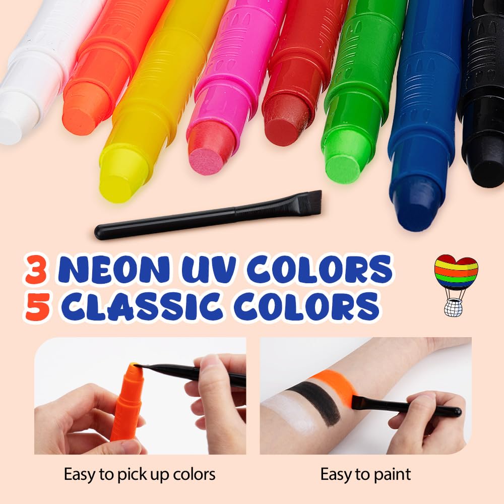 Trucco per Bambini, Pastelli Pigmentati Fluorescenti UV, Maquillage Enfant 8 Colori (3 Fluorescenti + 5 Classici), Trucco natalizio per Bambini e Adulti, Compleanni, Trucco Cosplay, Pasqua, Halloween