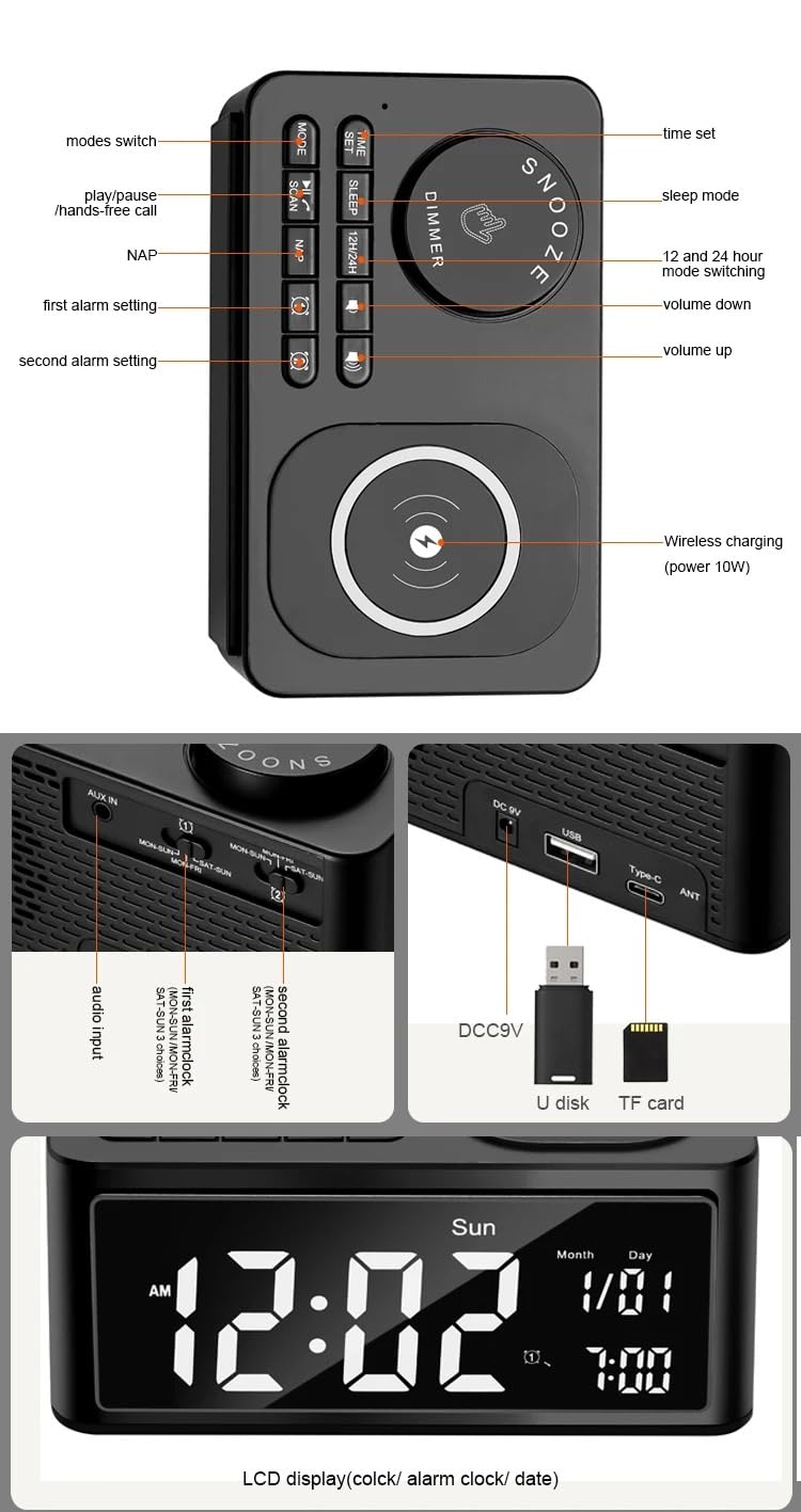 Budzik z bezprzewodową ładowarką, radiem FM, wyświetlaczem LED, ładowarką Qi 10 W, portem USB, głośnikiem Bluetooth, czarny