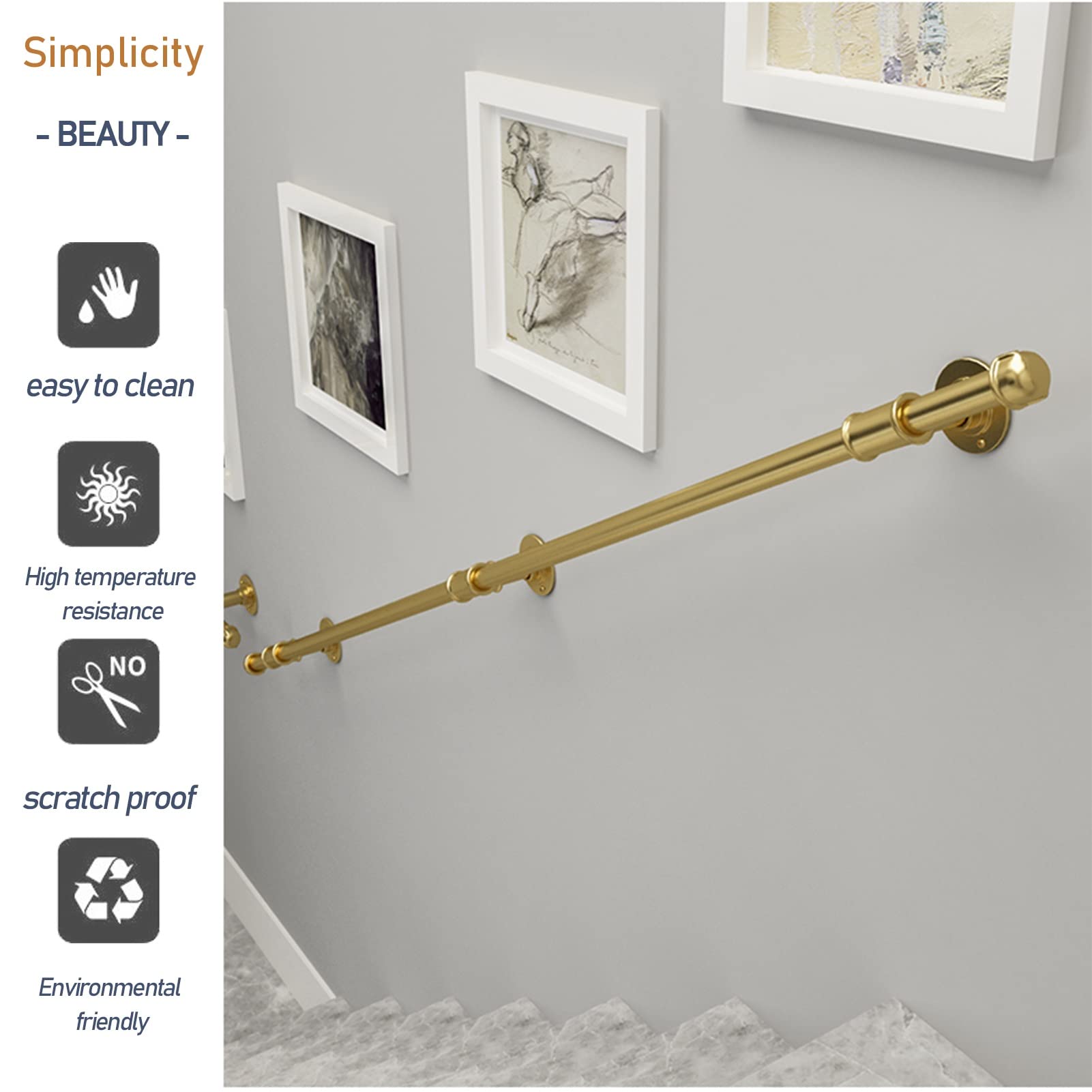 Poręcze balustrady schodowe, poręcz, schody, wewnątrz, na zewnątrz, poręcz schodowa, poręcz ręczna dla osób starszych, złota metalowa poręcz zewnętrzna z kutego żelaza (rozmiar: 270 cm)