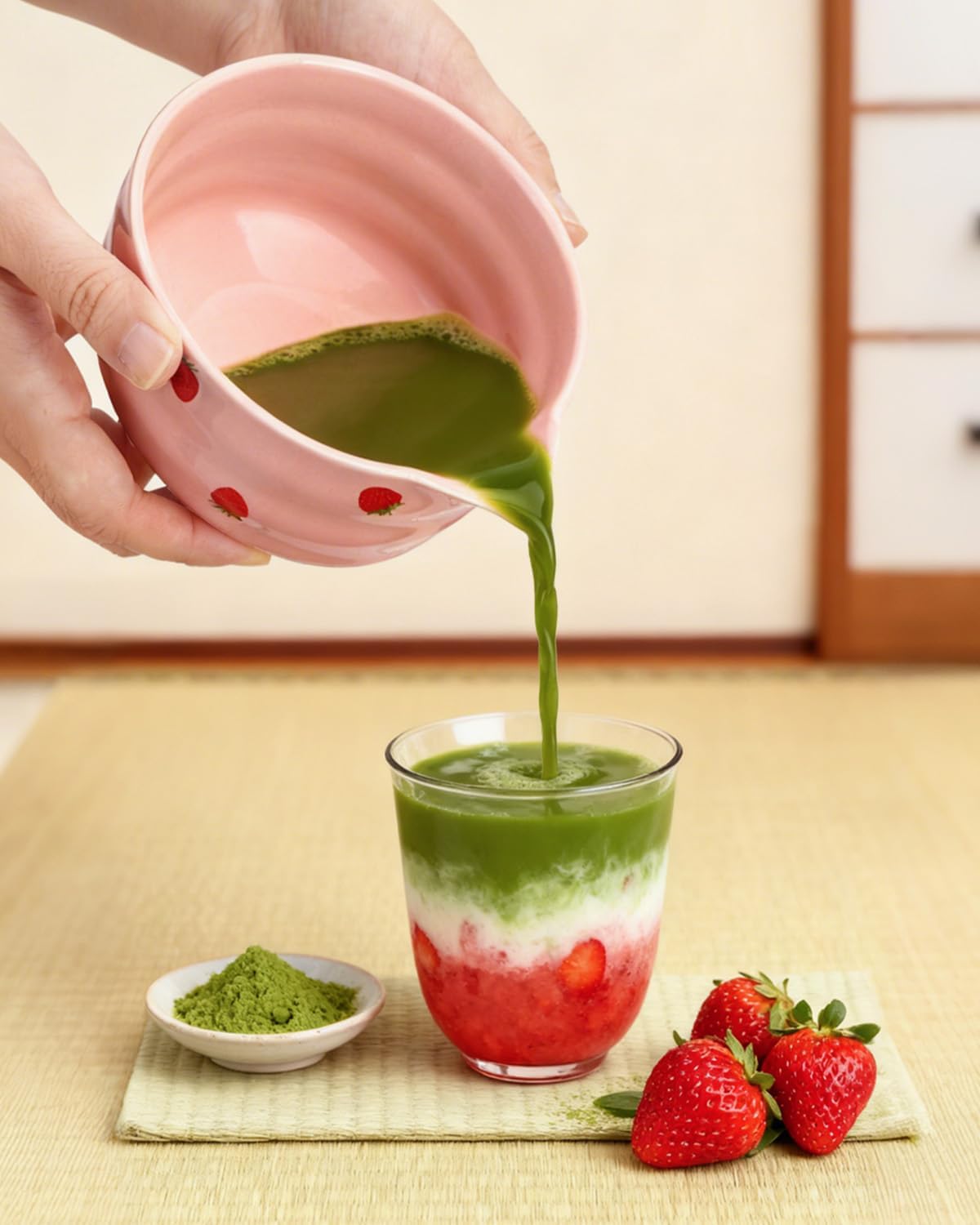 Joiish Strawberry Matcha Whisk Set, Cute Strawberry Pattern Matcha Kit, 5-PC Complete Ceremony Tea Set Gift for Women | Ceramic Bowl with Spout, Bamboo Whisk, Holder, Sifter, Scoop | Pink