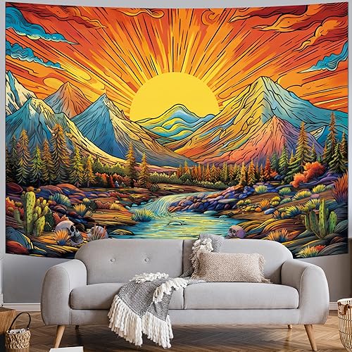 Serborlur Sun Mountain Tapestry Trippy Forest Tree Tapestry Vintage Aesthetic Plant Tapestry Magic River Wall Tapestry Nature Landscape Tapestry Wall Hanging thumb #1