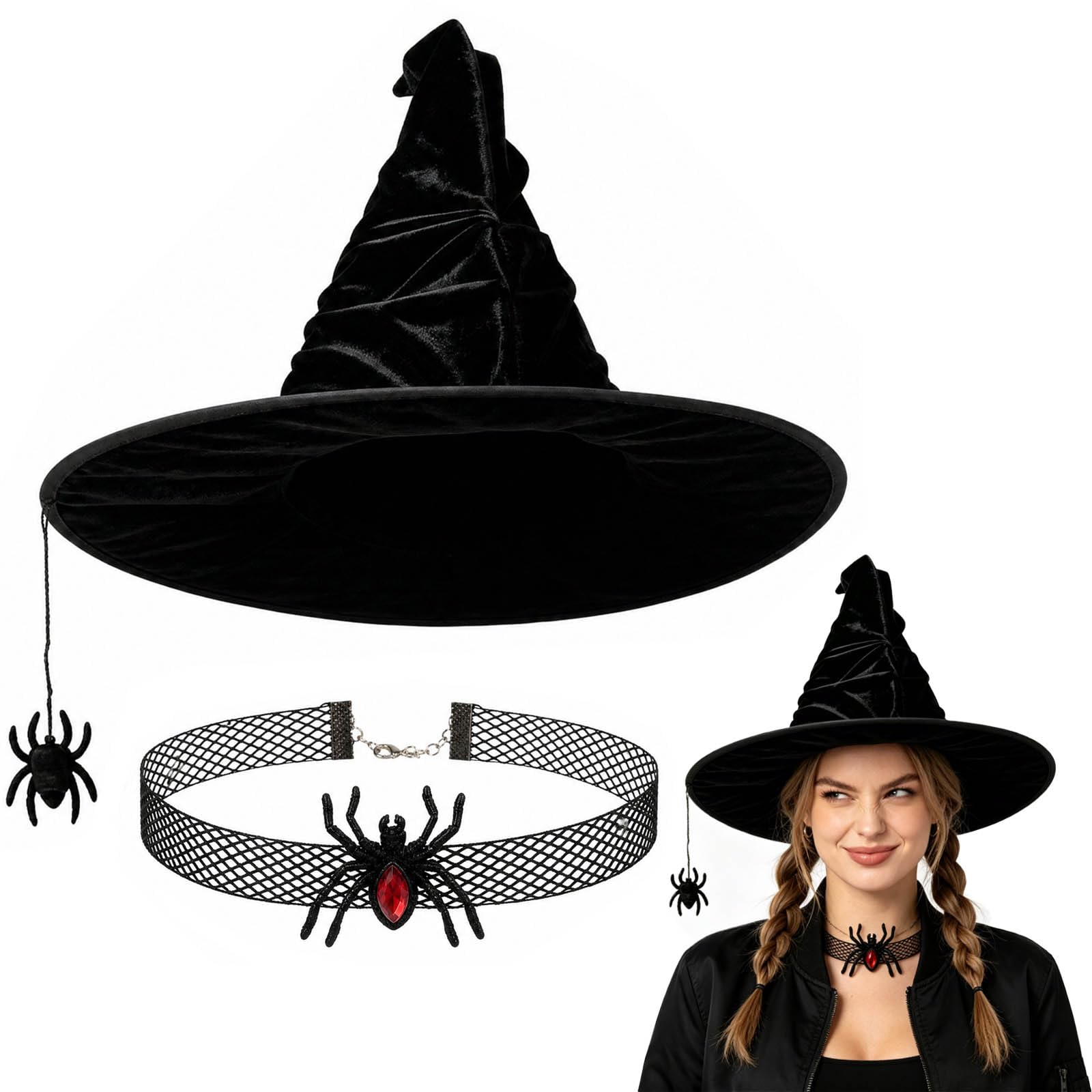 BATSEREN 2-Piece Black Witch Hat and Spider Choker Necklace Set