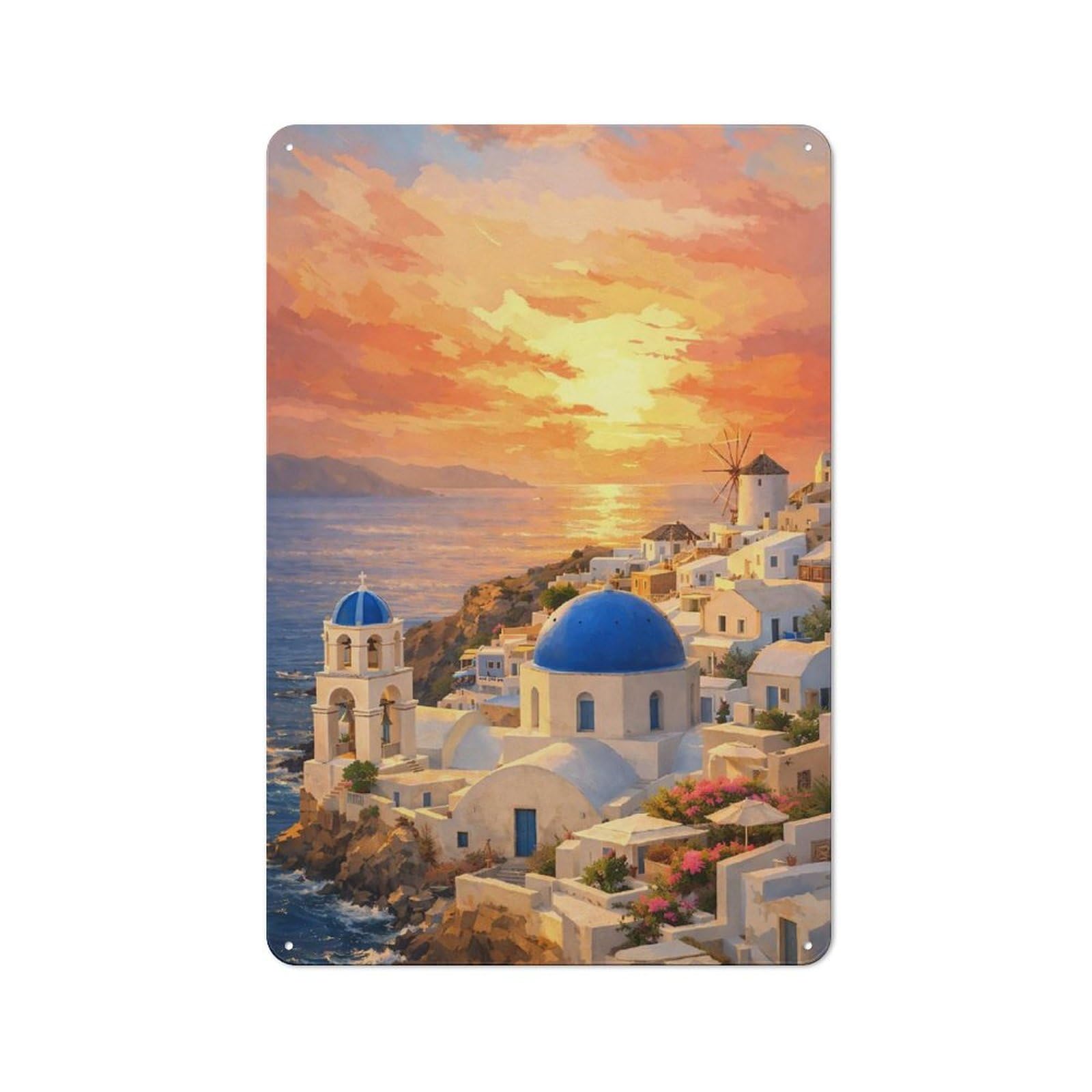 Junmoney Style-2 Santorini Sunset Village Painting Rustic Metal Sign 30X20cm For Garden Room Or Summerhouse, For Themed Interiors In Garden Rooms And Summerhouses