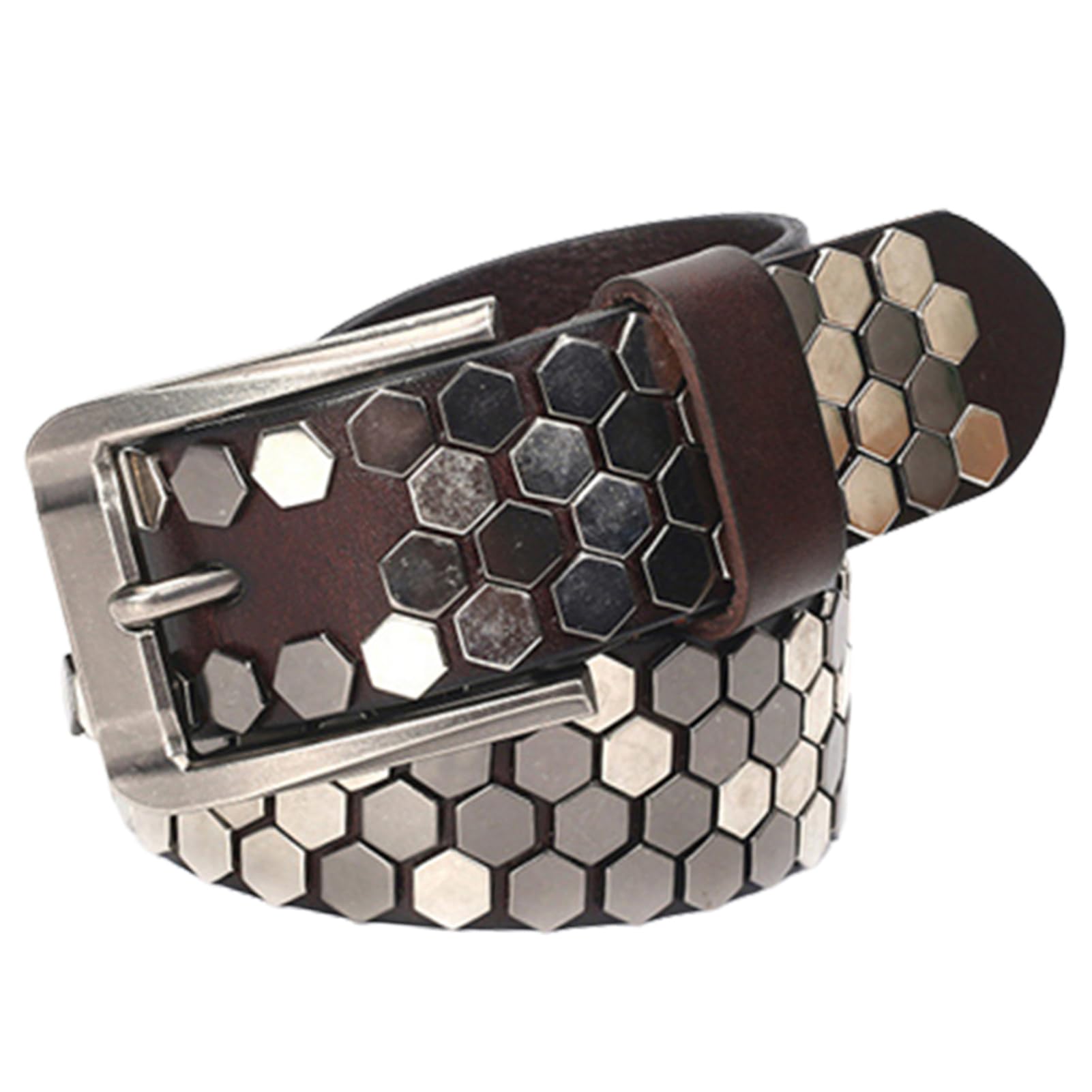 Ceinture en Cuir à Rivets Tendance Motif Clouté Style Punk Rock Boucle à Griffes Réglable Ceinture Décontractée(105cm/waist:35", Coffee)