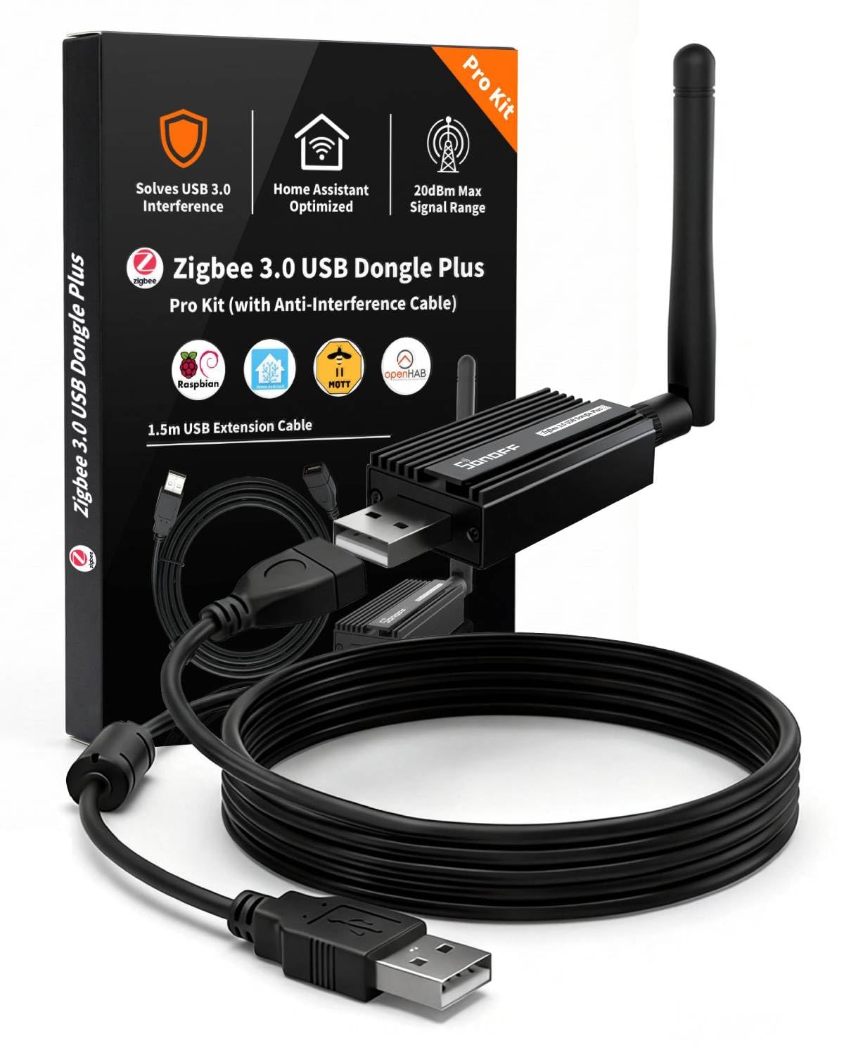 Zigbee 3.0 Dongle Plus-E (ZBDongle-E) Kit con cavo di prolunga schermato da 1,5 m, risolve le interferenze USB 3.0, coordinatore EFR32MG21 + 20dBm per Home Assistant (ZHA), Zigbee2MQTT e hub locale