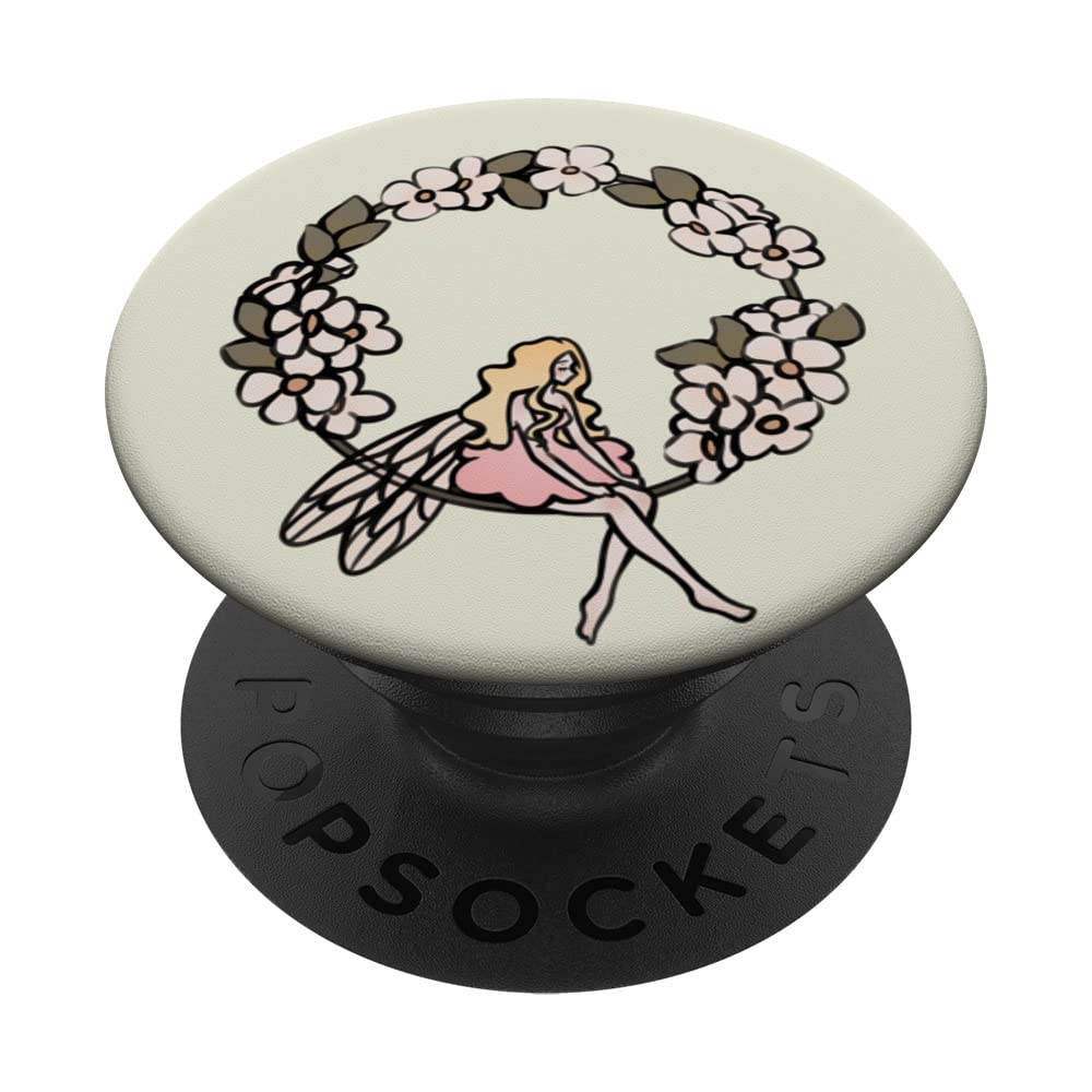 Coquette Fairy Sitting in Flower Wreath PopSockets Swappable PopGrip, Black