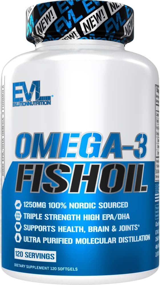 Evlution Triple Strength Omega 3 Fish Oil Nutrition Burpless Fish Oil EPA DHA Omega 3 Supplement in Easy to Swallow Citrus Flavor Softgels - 1250mg Enteric Coated Fish Oil Supplement - 120 Count