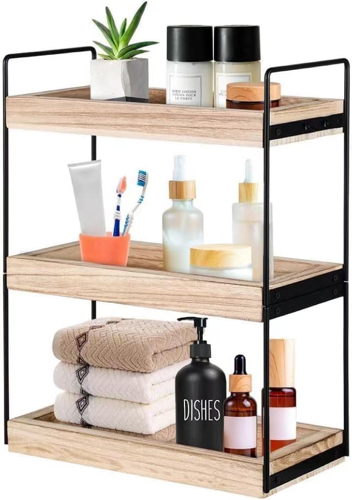 3 Tier Bathroom Counter Organizer, Wooden Bathroom Organizer Countertop Storage Shelf, Bathroom Trays for Counter, Perfume Skincare Organizer Cosmetic Holder, Kitchen Spice Rack Bathroom Organizer