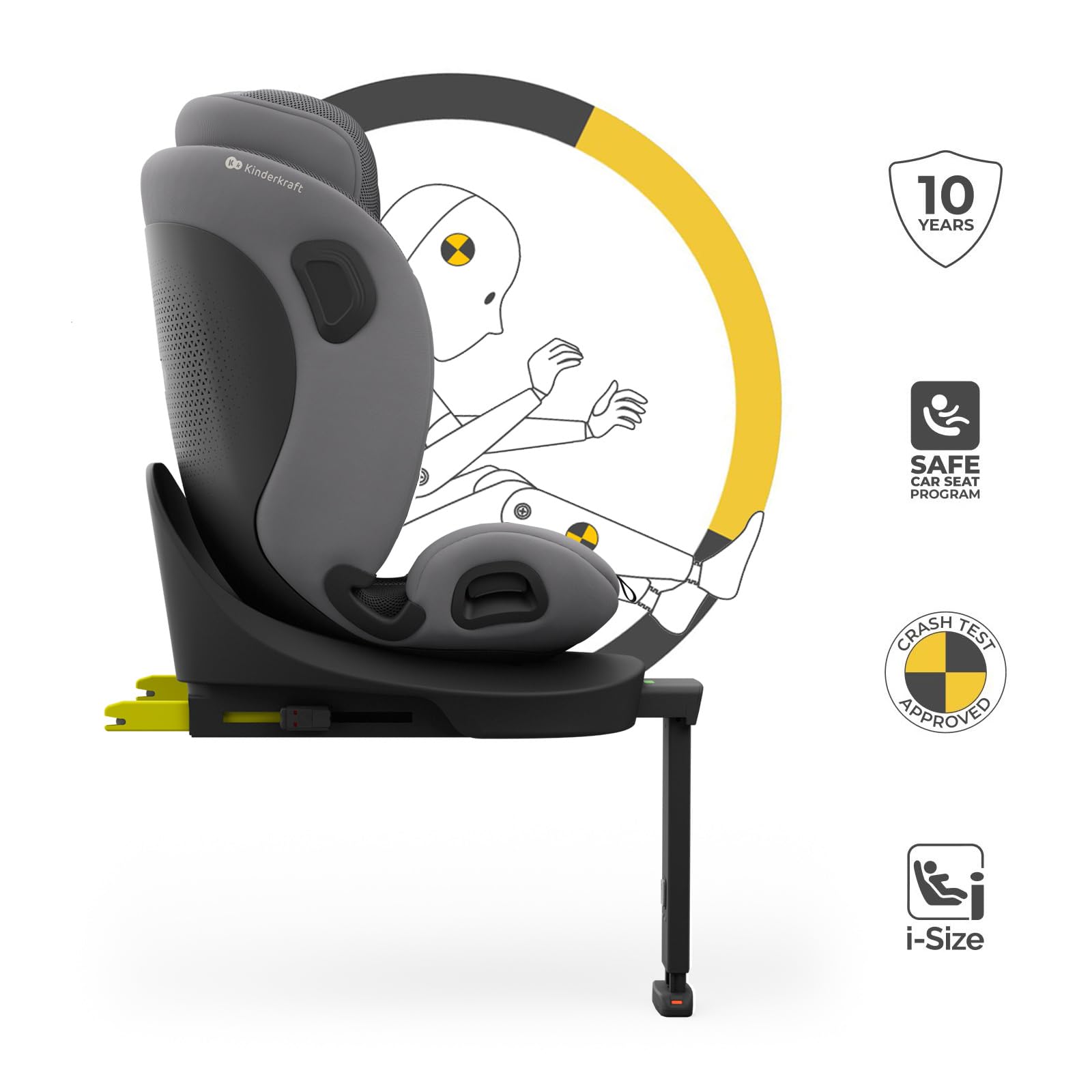 Kinderkraft I-360 2 PRO, fotelik samochodowy i-Size 40–150 cm, obracany 360°, ISOFIX, tyłem i przodem, H-GUARD+, SPS+, EASY SPIN PRO, EASY GROW, od narodzin do 12 lat, Szary