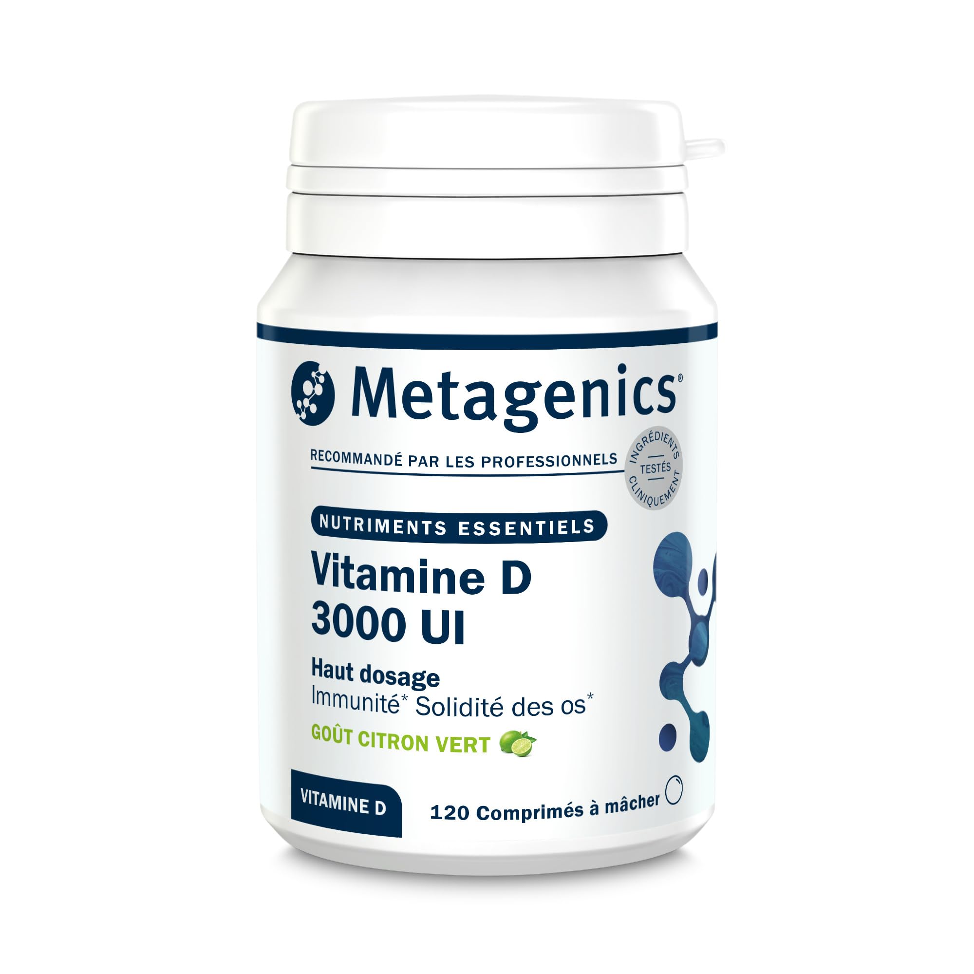 Metagenics Vitamine D3 3000 UI - Haute Dose 75 µg - Soutien Immunitaire & Santé des Os - Sans Gluten, Sans Lactose, Végétarien - 120 Comprimés à Mâcher Goût Citron Vert - 4 Mois