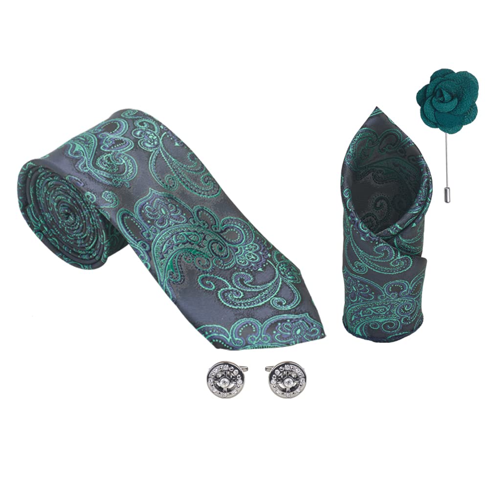 Men's Paisley Microfiber Necktie Gift Set with Pocket Square, Cufflinks and Flower Lapel Pin (Blue-Green) (Wooden Gift Box) (IM-8)-image-30