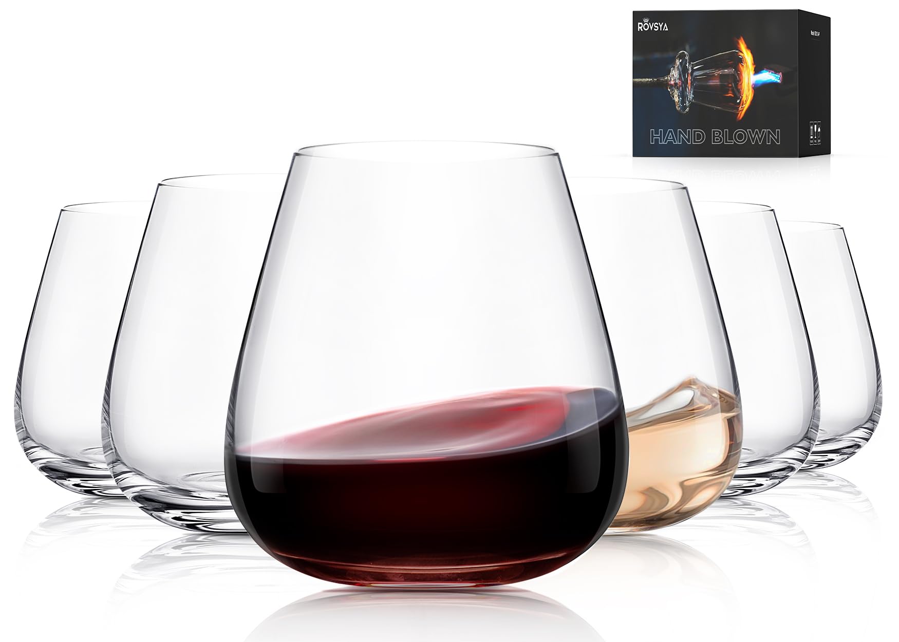 Stemless Wine Glasses Set of 6, 14.5oz Red White Wine Glass,Premium Hand Blown Crystal Glasses for Daily Use and Special Days, Perfect Gifts for Men and Women