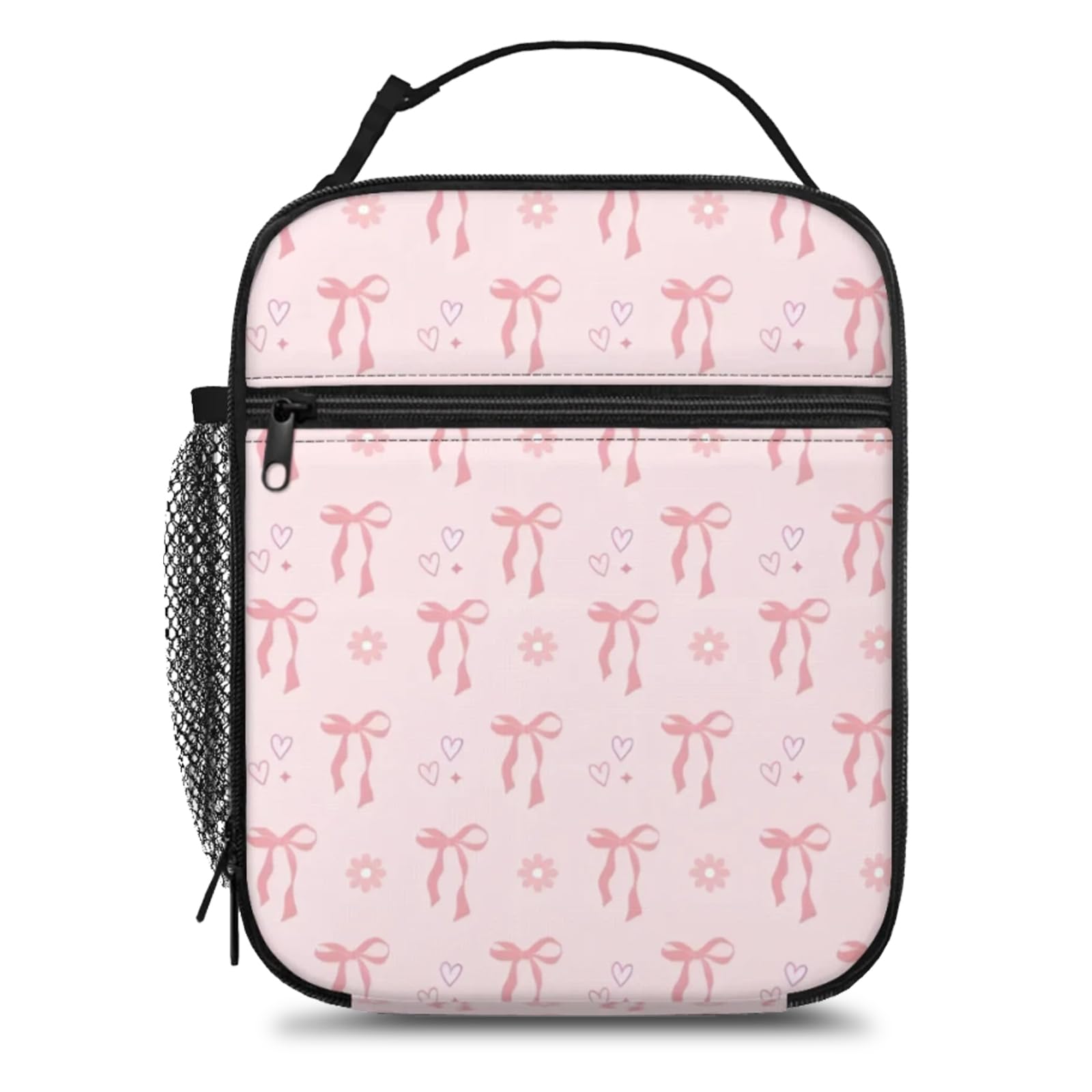 Qubitly Bow Lunch Bag, Adorable Heart Print Insulated Lunch Bag, Premium Polyester Leakproof Lunchboxes, Thermal Food Carrier for School, Office, Picnic, Travel