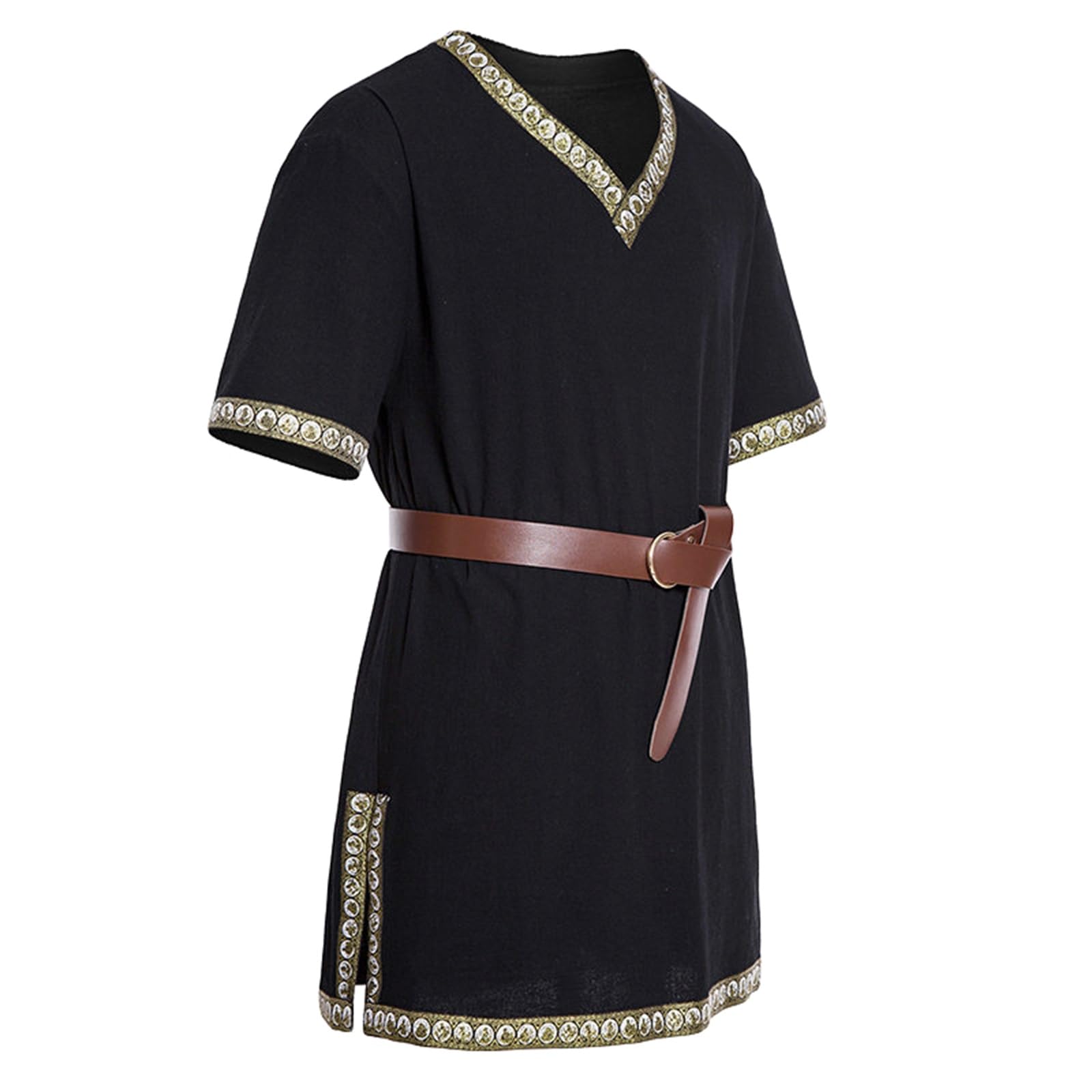 Acrawnni Men Medieval Costume Renaissance Templar Tunic Viking Knight Pirate Vintage Warrior Halloween Cosplay Party Tops No Belt (A-Black - Image 2