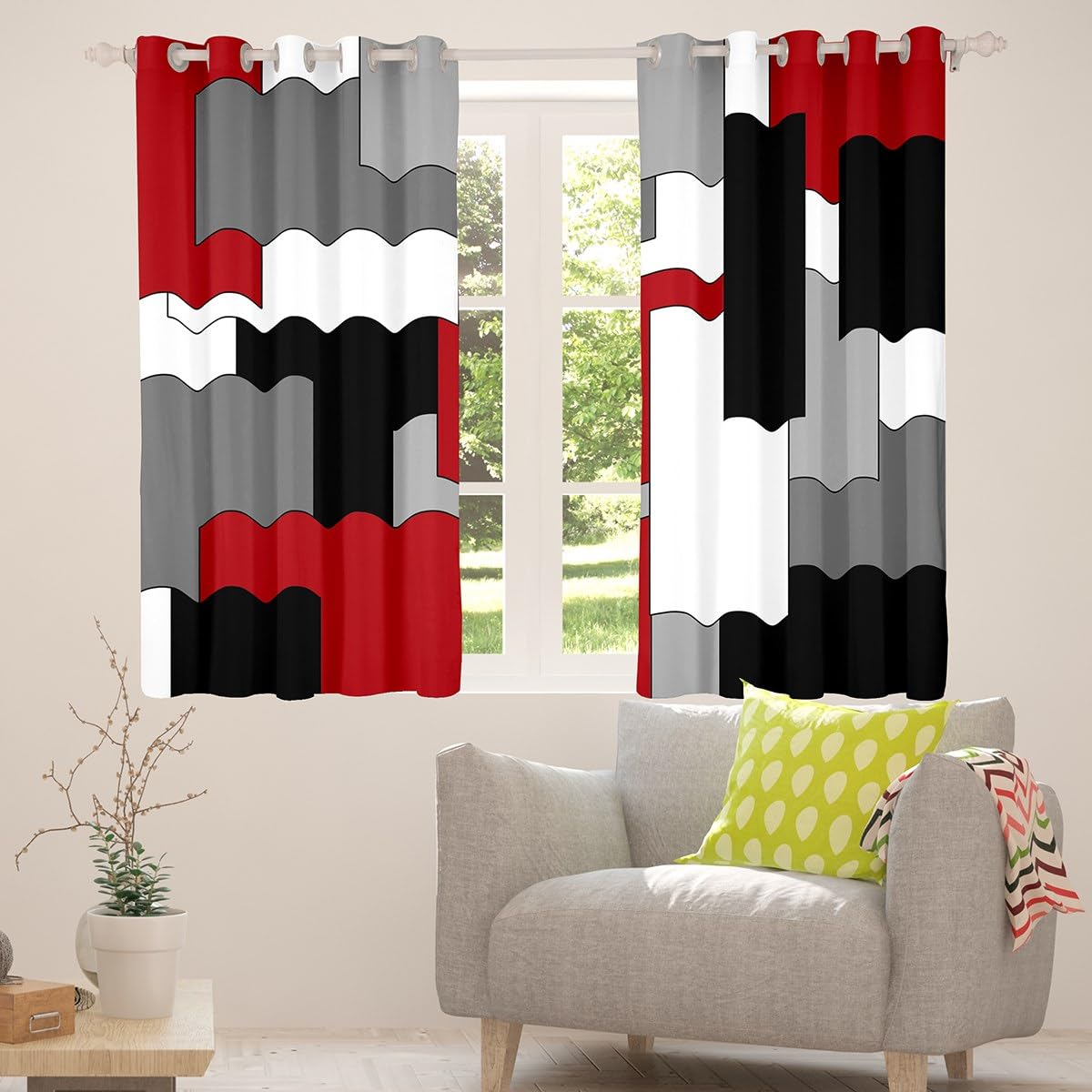 Homewish Rideau Occultant 140x175 cm Géométrique Rouge Gris, Rideau Abstrait À Échecs, Rideaux Voilage Décoratif Rayé Moderne, Voilage Fenetre Décor Intérieur de Grille Moderne pour Chambre Salon