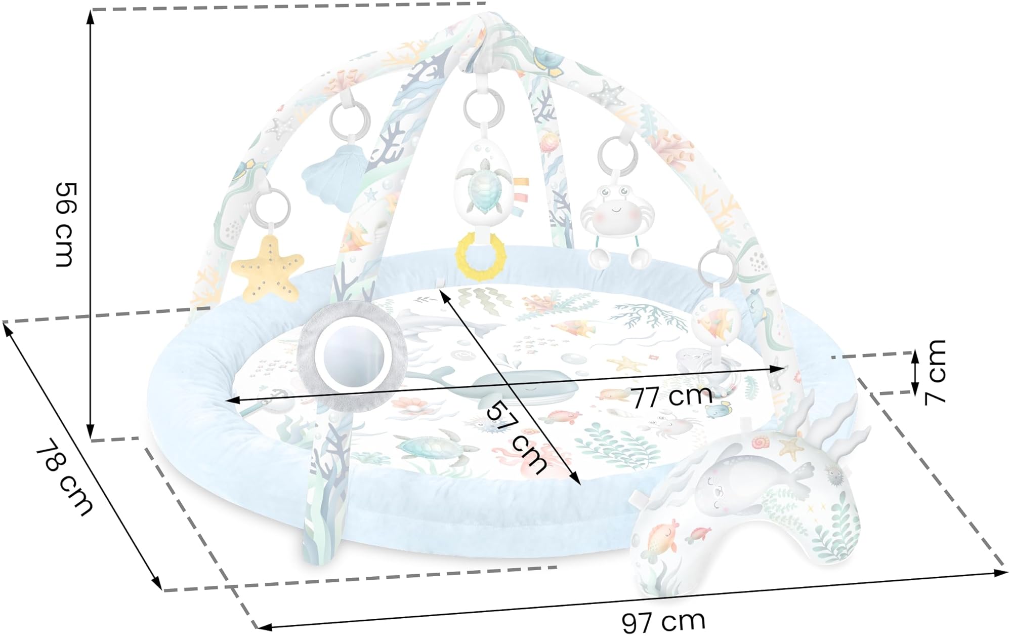 Nukido Gimansio De Actividades para Bebé Evolitivo Alfombra De Juegos con Arcos Extraíbles 7 Juguetes Multifuncionales Almohada Suave Desarrollo Sensorial Coordinación Mano-Ojo Plegable Azul Ocean