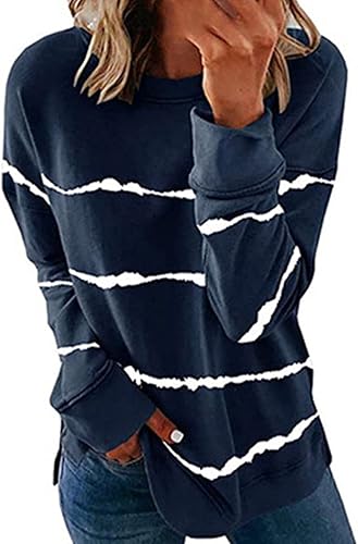 Sudaderas para mujer, moda de otoño, 2023, casual, cuello redondo, manga larga, túnica sin botones, estampado a rayas, blusas delgadas con abertura