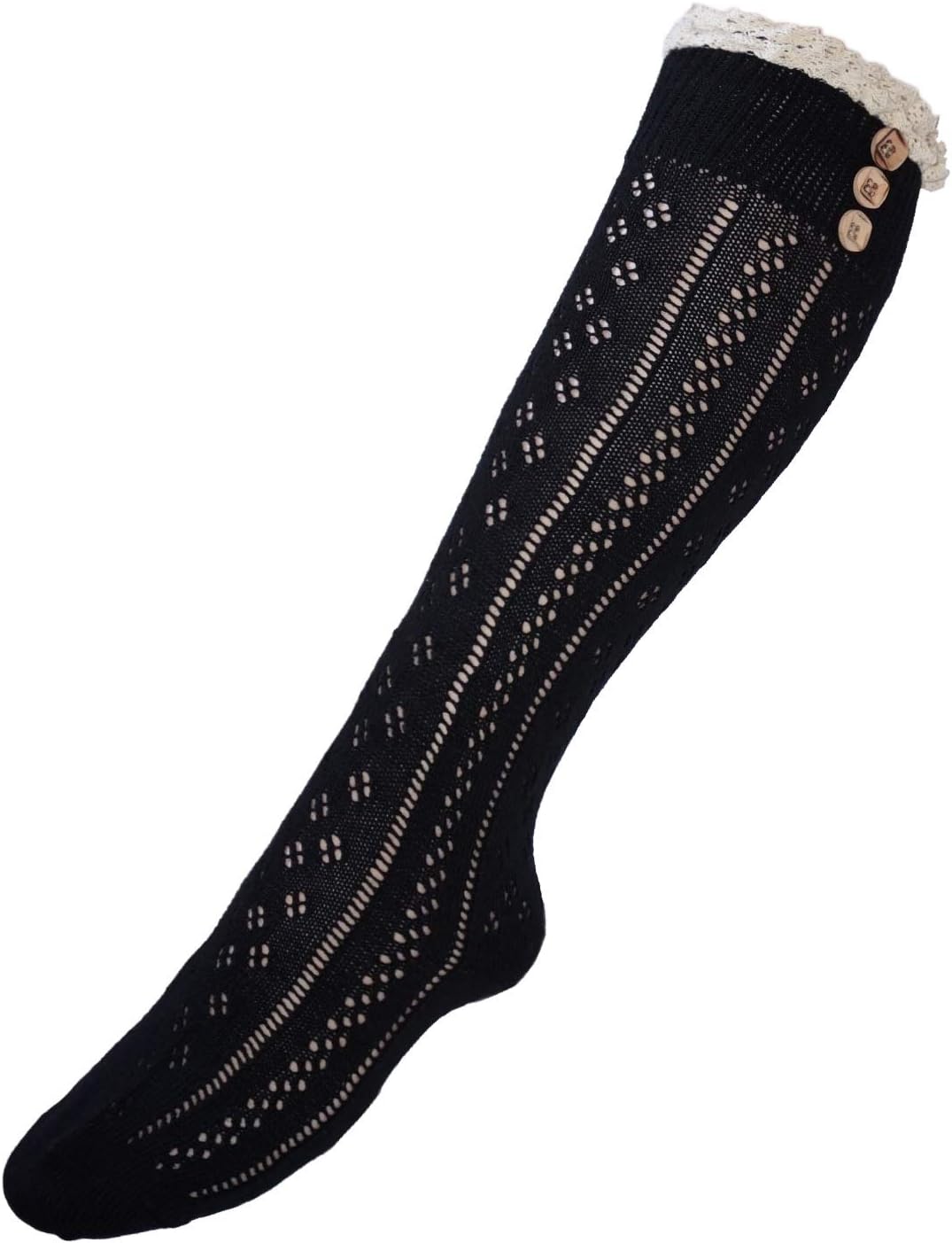 JHosiery Ladies cotton crochet knee high boots liner socks with wide lace and buttons