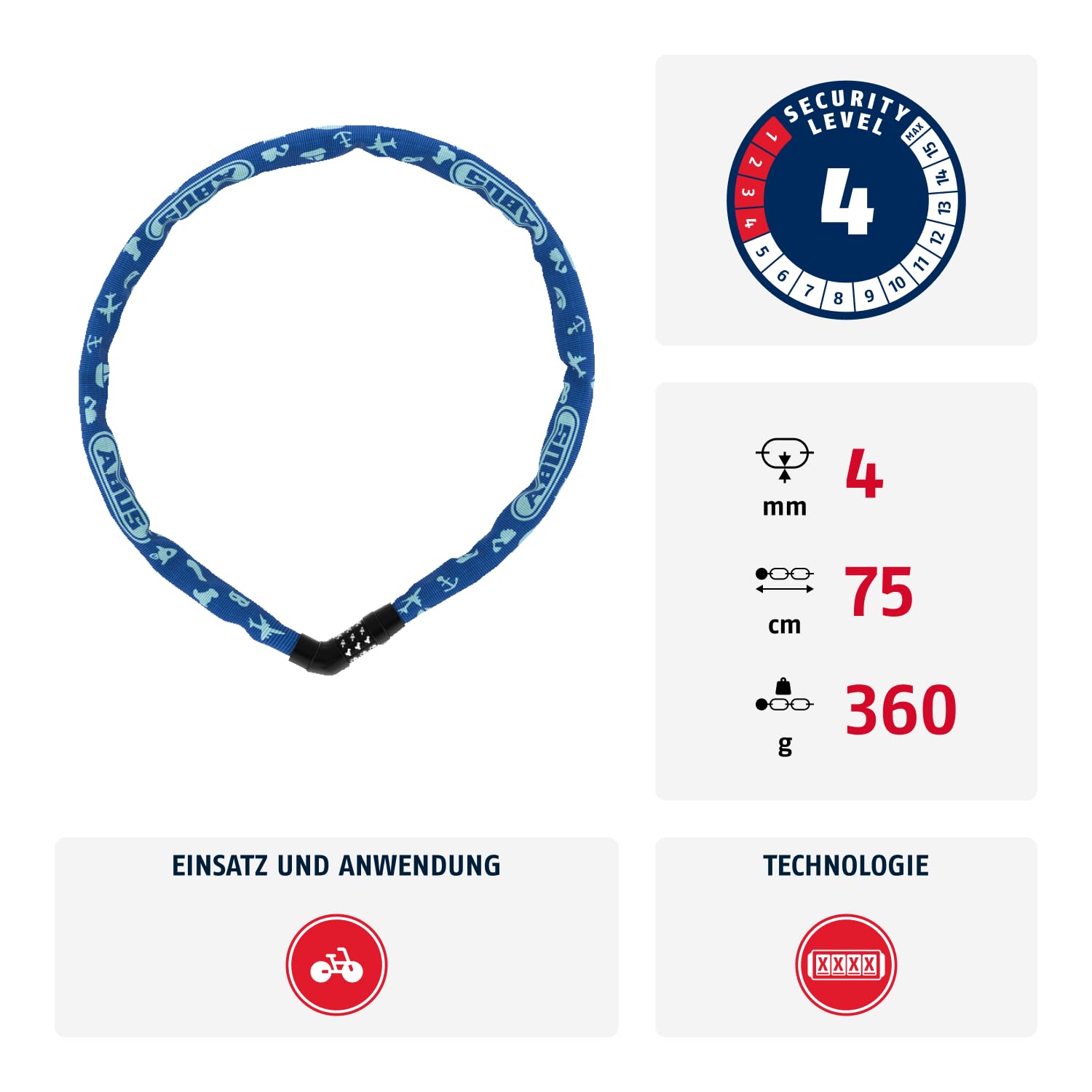 Lucchetto a catena ABUS Steel-O-Chain 4804C SYMBOLS – Lucchetto a combinazione per biciclette per bambini – Livello di sicurezza ABUS 4