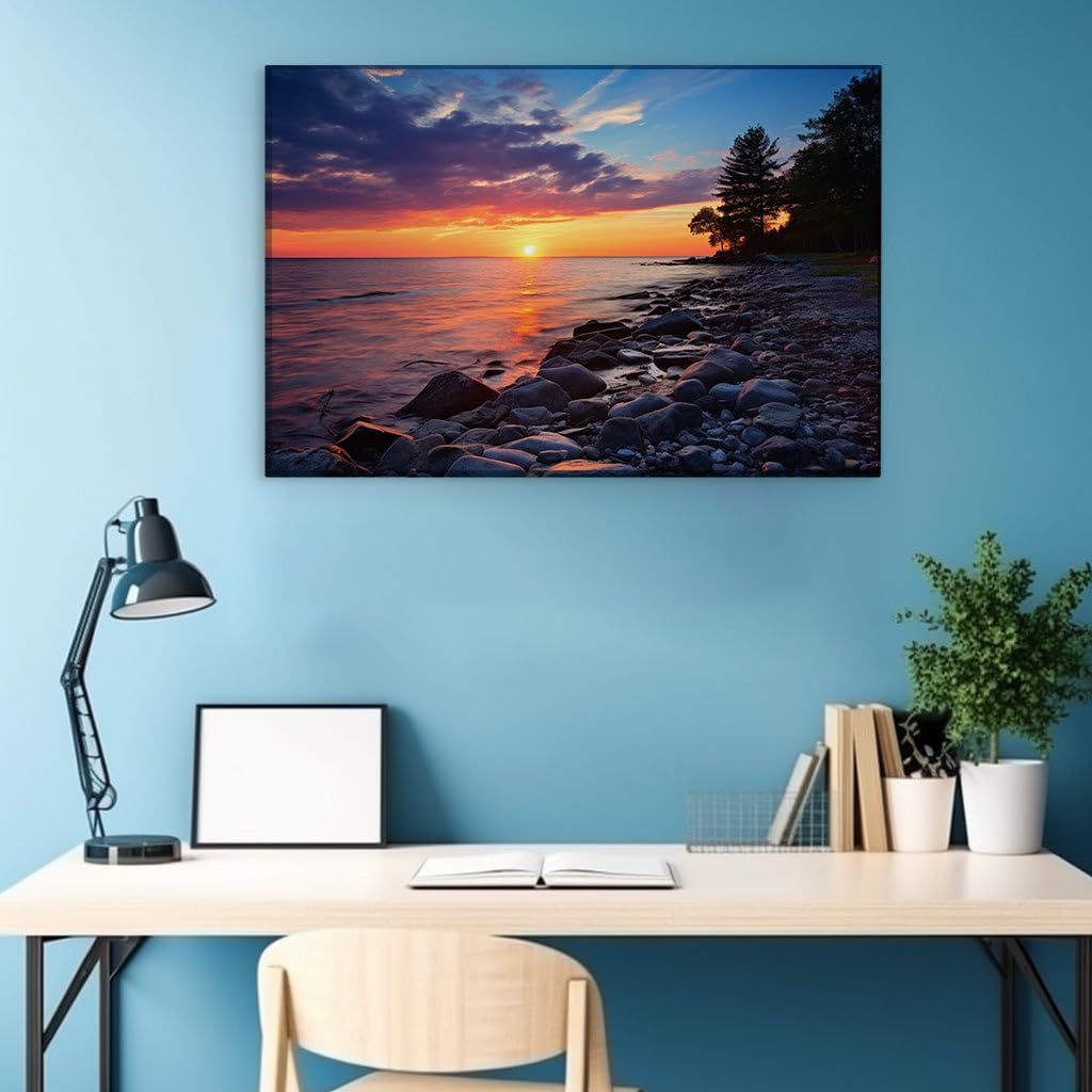Canvas for Living room. Sunset Serenity on the Lakeshore Rocks, 27 x 18 inch Canvas Wall Art - Contemporary Masterpieces - Modern Home Decor