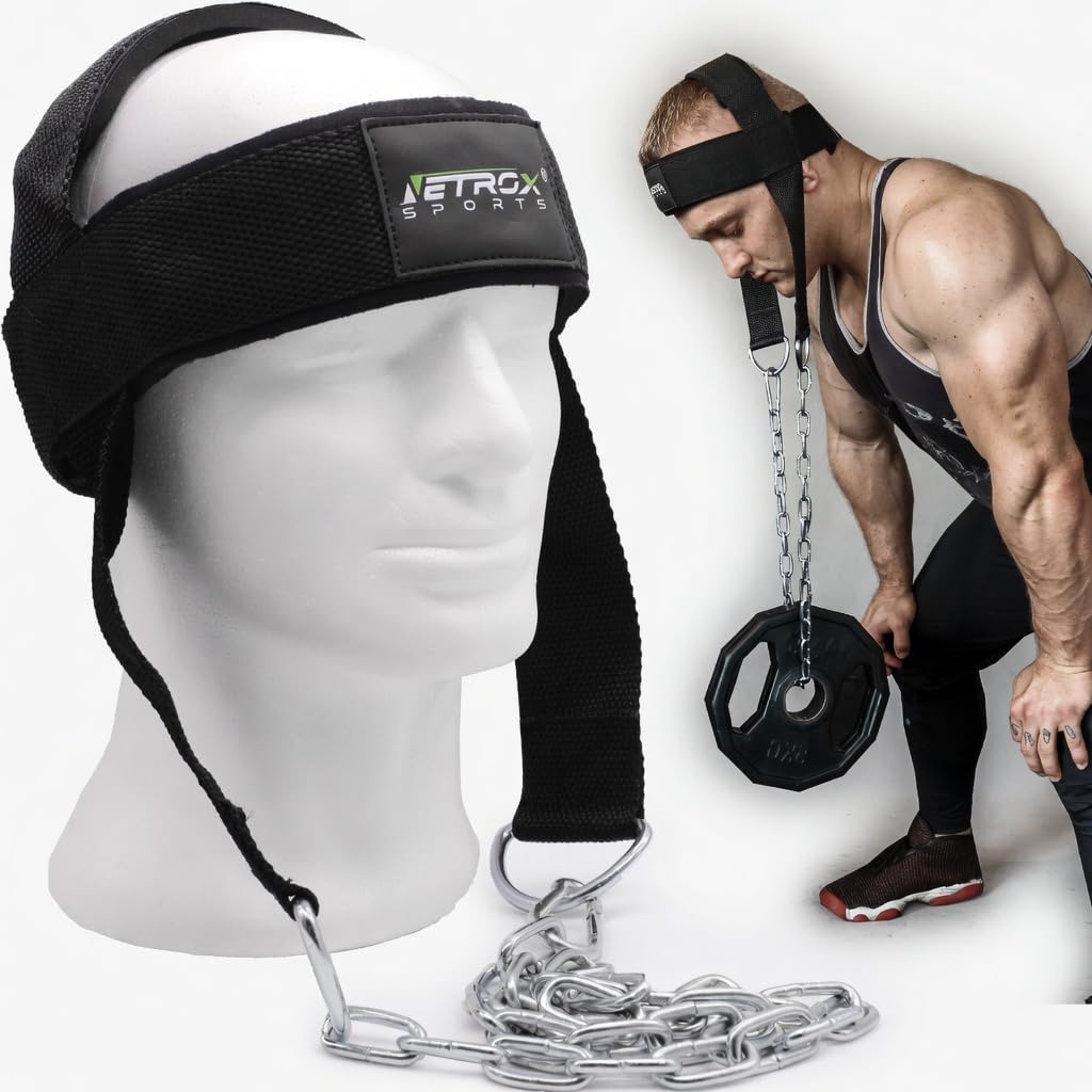 NetroxSports® - Allenatore del collo per rafforzare la zona del collo e del collo - Fasce per il collo regolabili e catena in acciaio da 80 cm - per bodybuilding, sollevamento pesi, boxe e sport da