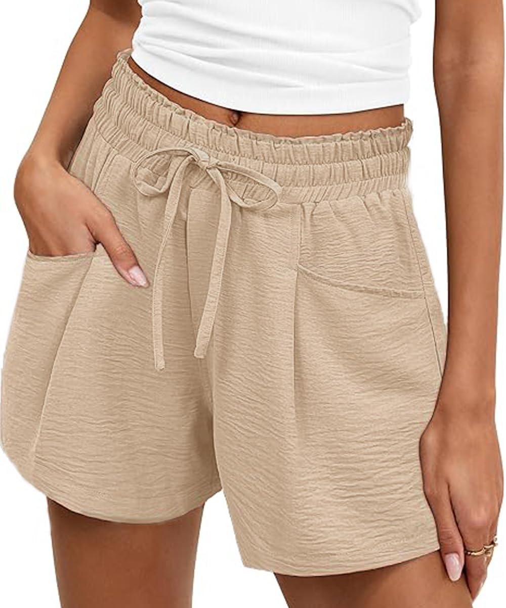 ABINGOO Shorts Damen Sommer Freizeit Musselin Hosen Leicht Und Luftig Elastische Hoher Taille Beach Kurze Hose Mit Kordelzug und Taschen
