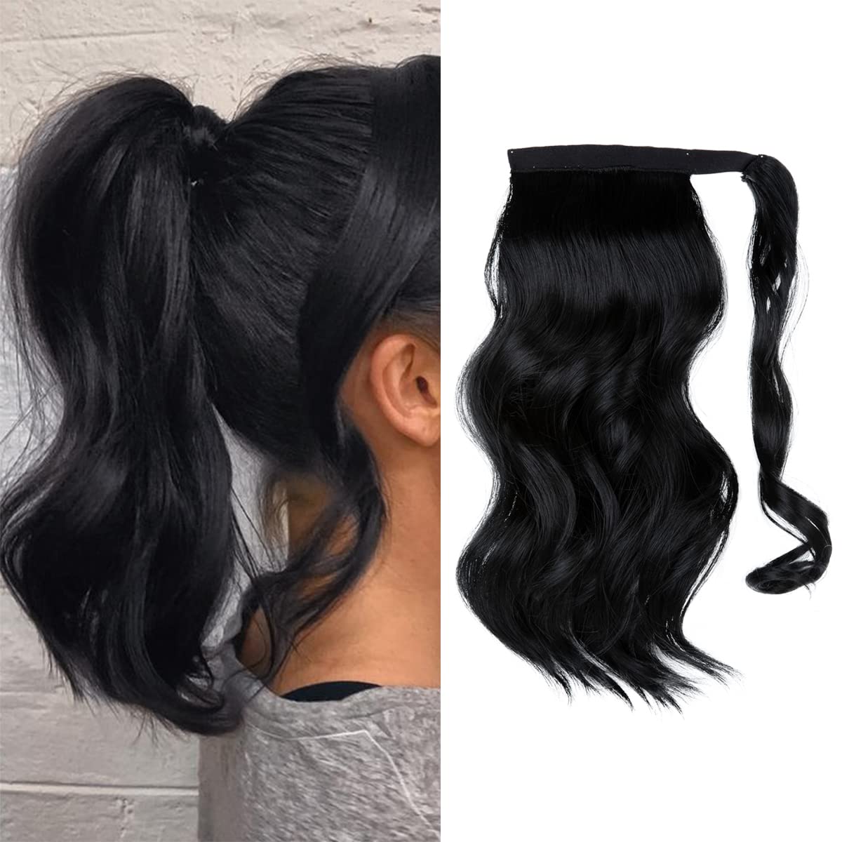 CJL HAIR 14″ Short Ponytail Hair Extension Wrap Around Pony Tail Clip in Curly Wavy Synthetic Fake Hairpiece for Women Jet Black
