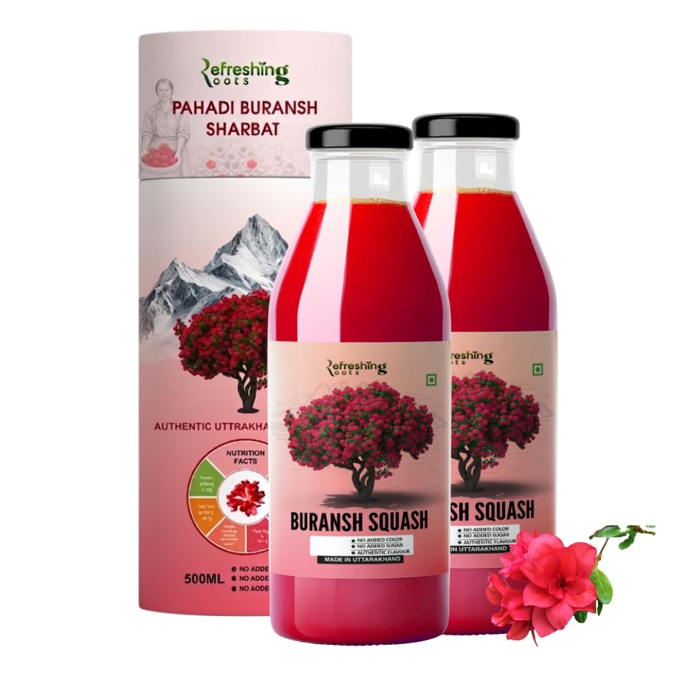 REFRESHING ROOTS Uttarakhand Premium Buransh (Rhododendron) Squash, 1000 ML Glass Bottle | Cold Pressed | Natural Health Drink | Added Honey | No Artificial Flavors | Rich in Antioxidants | Glass Bottle (500 ML * 2)